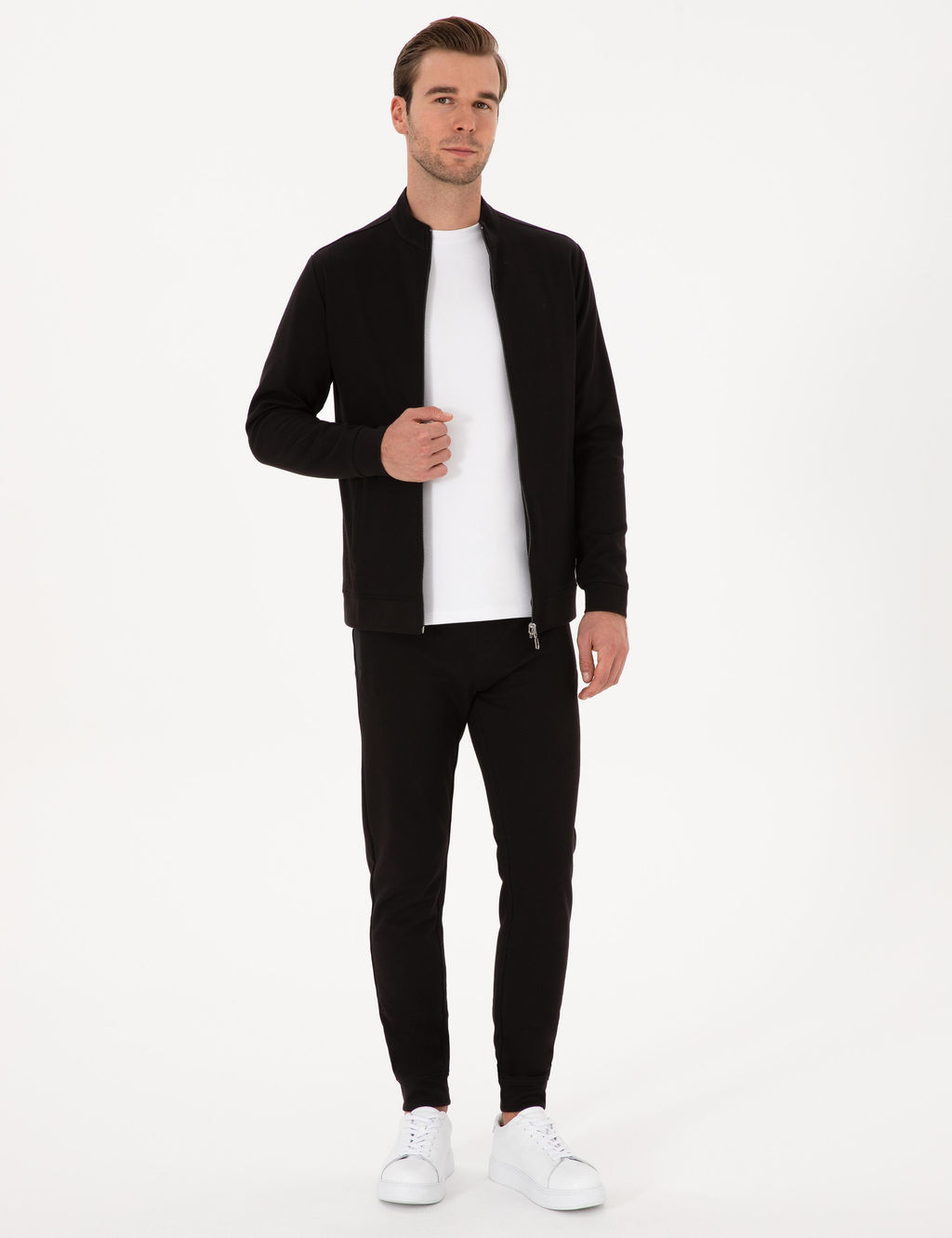 Siyah Regular Fit Pamuk Kar___ml_ Tam Fermuarl_ Sweatshirt