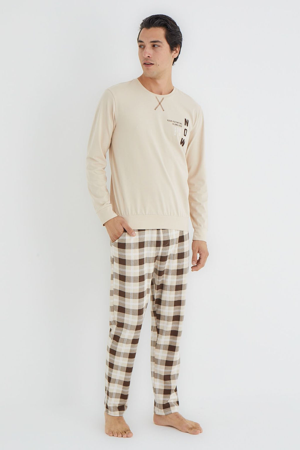 TRENDYOL MAN Bej Regular Fit Ekose Orme Pijama Tak?m? TMNAW25PT00058 - Trendyolmilla фото 2