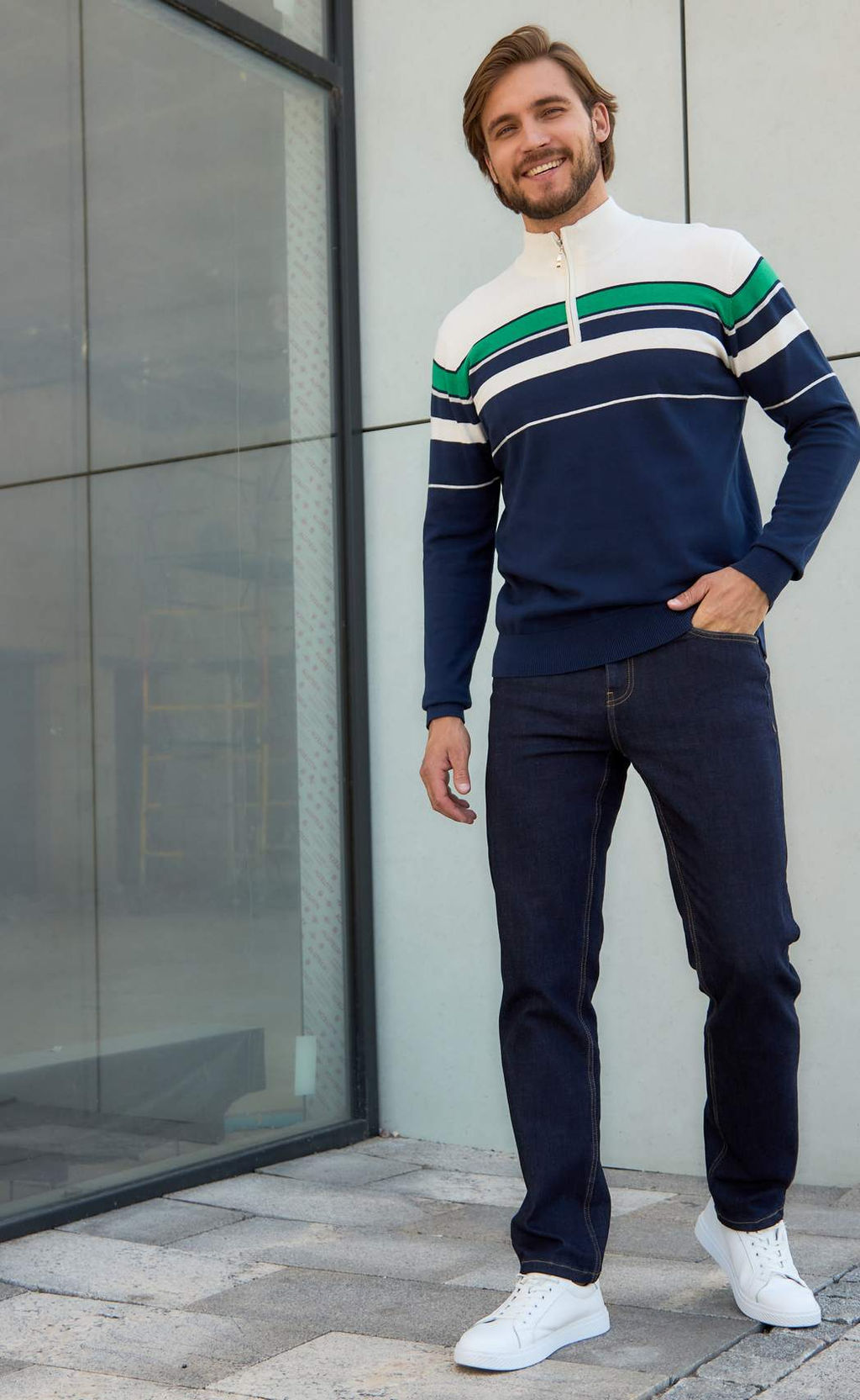 Джемпер мужской с воротом на молнии F221-15-1747 сине-зелёный