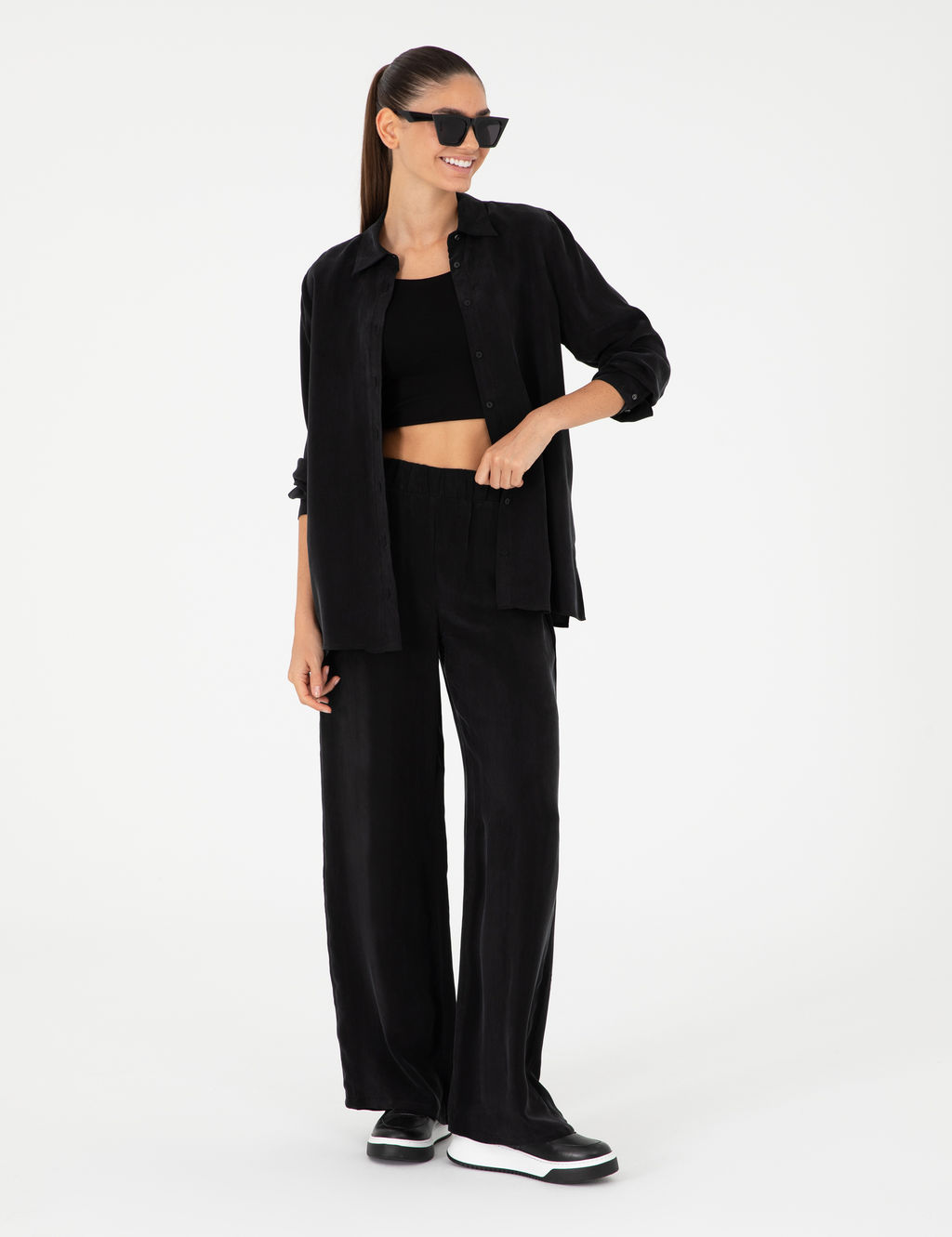 Siyah Comfort Fit Kupro Kuma_ Uzun Kollu G_mlek