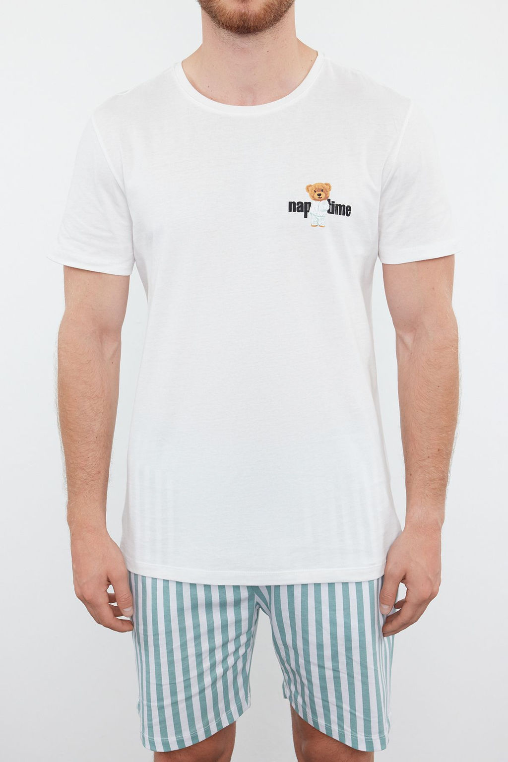 TRENDYOL MAN Mavi Ekru Cizgili Regular Fit Couple/Cift Orme Sortlu %100 Pamuklu Pijama Tak?m? TMNSS24PT00017 - Trendyolmilla фото 3