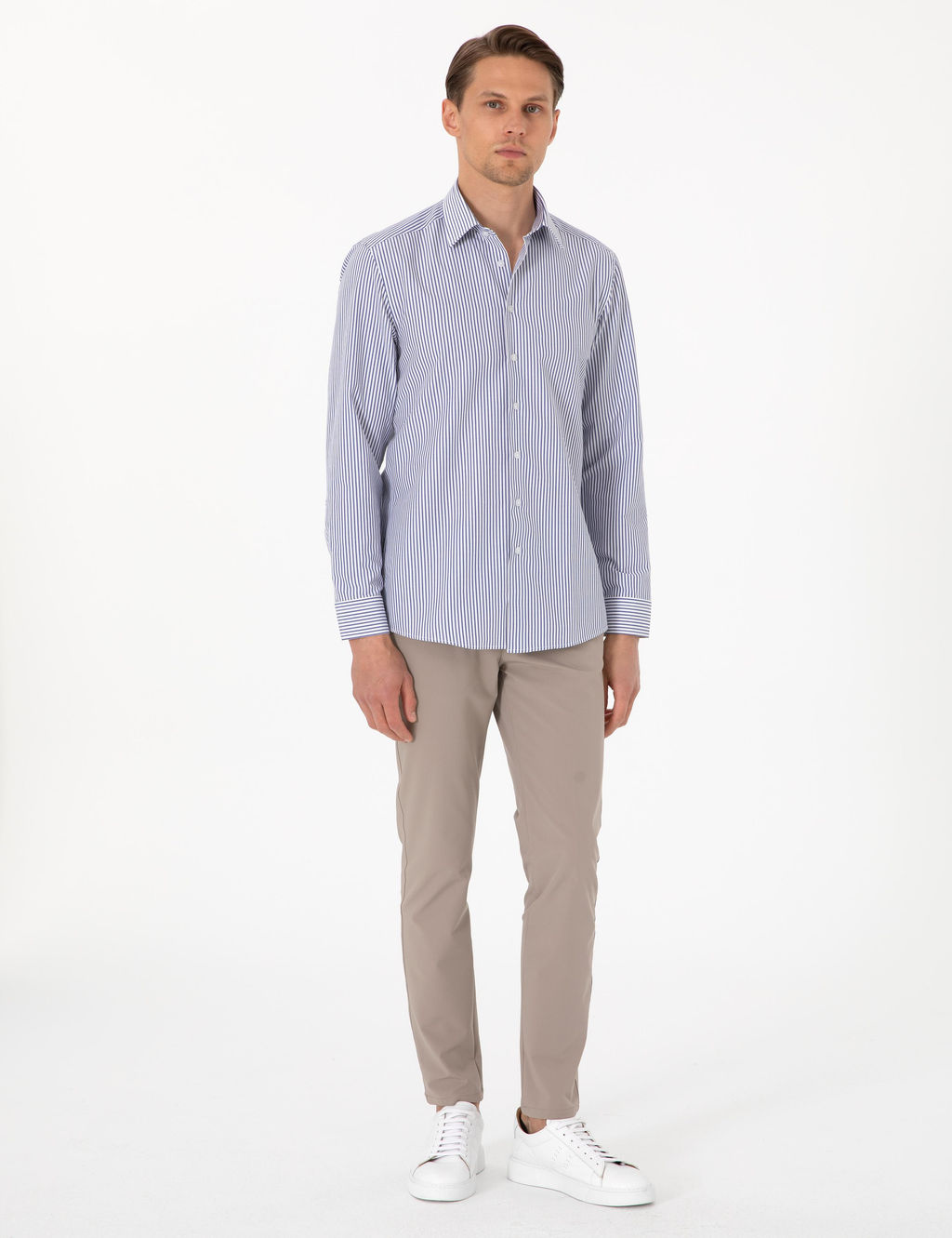 Mavi Slim Fit _izgili Uzun Kollu G_mlek