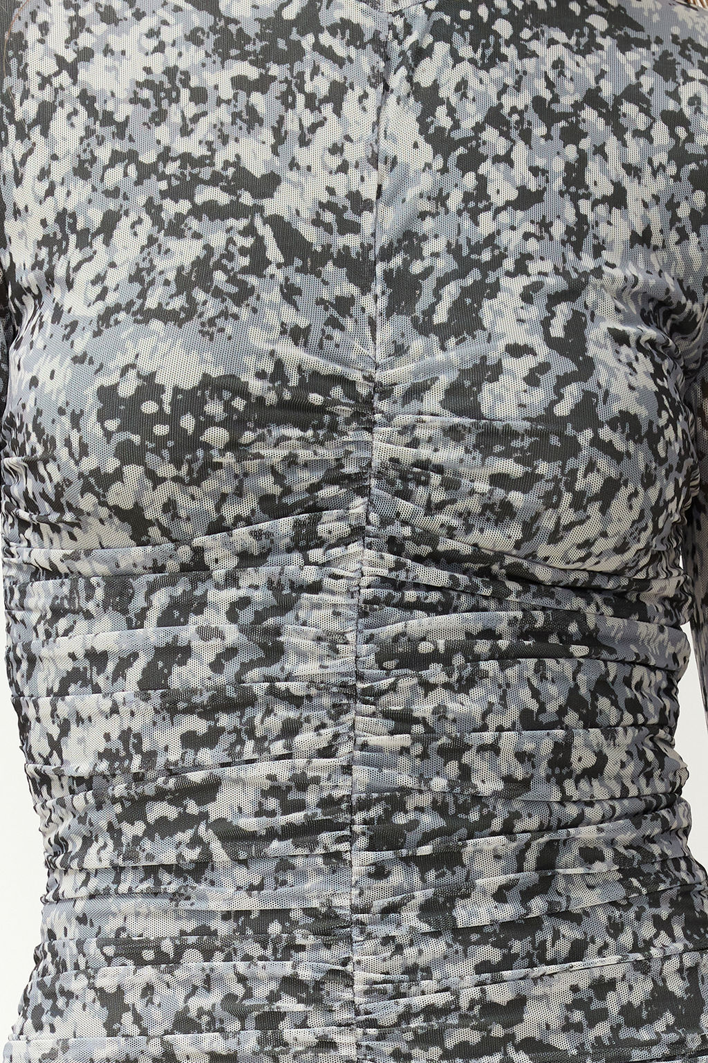 TRENDYOLMILLA Gri Desenli Drape Detayl? Fitted/Vucuda Oturan Dik Yaka Tul Mini Orme Elbise TWOAW24EL00124