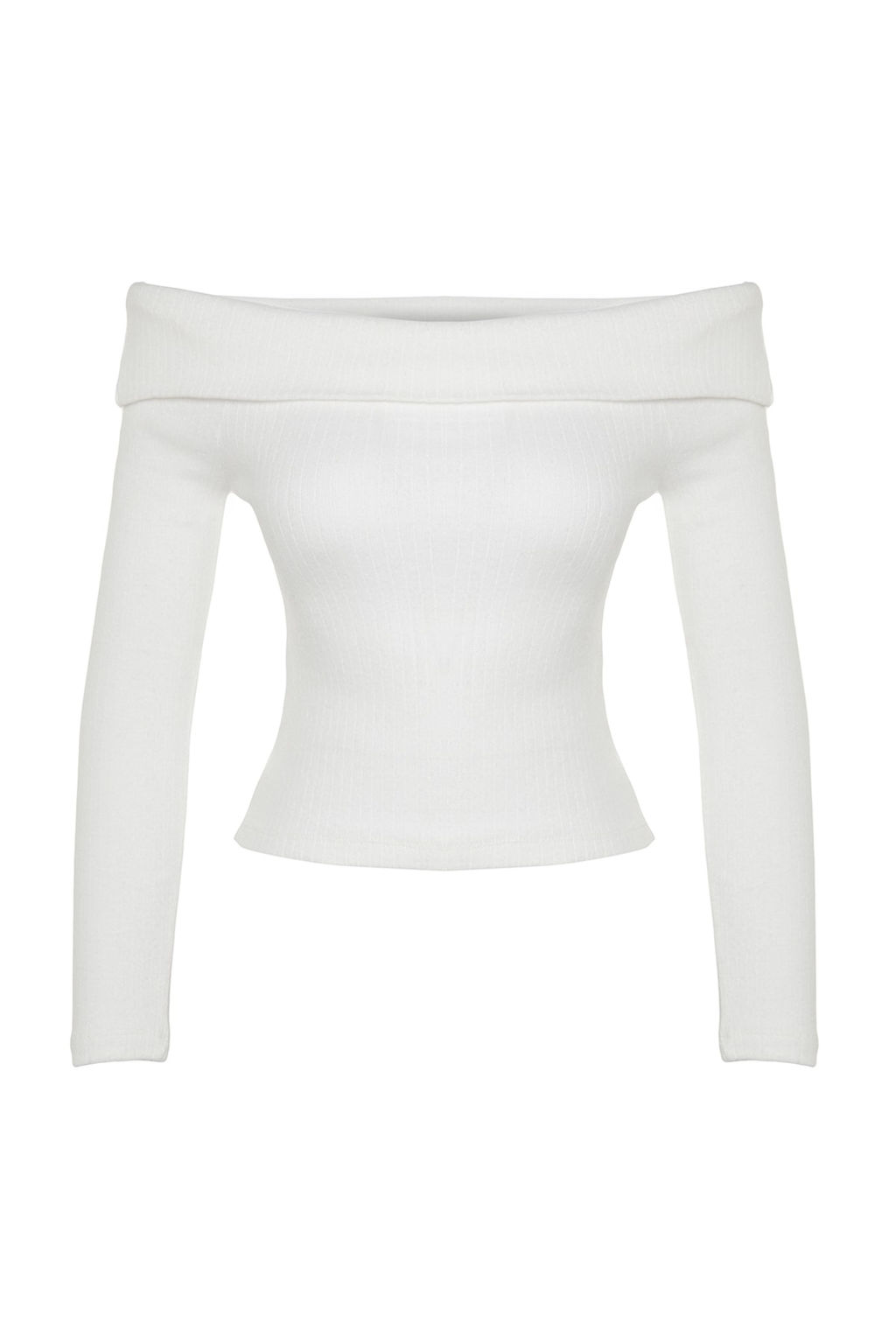 Trendyolmilla Ekru Triko Gorunumlu Carmen Yaka Fitted/Vucuda Oturan Crop Orme Madonna Yaka Bluz TWOAW24BZ00180