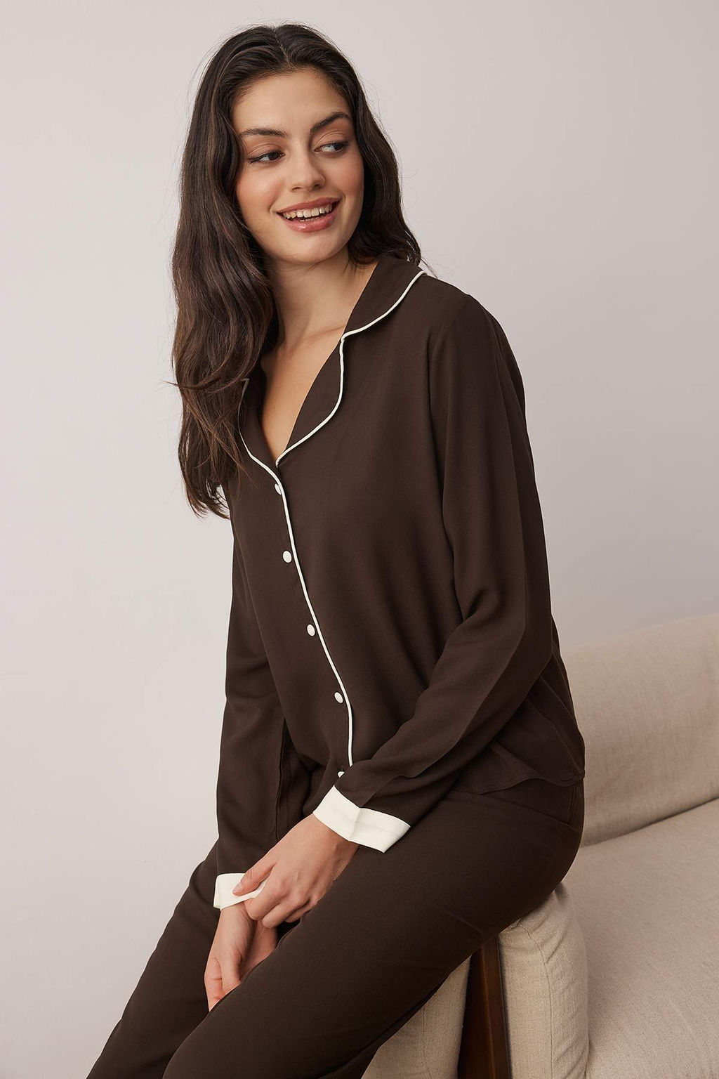 Ekru Biyeli Viskon Dokuma Pijama Tak?m? THMAW26PT00088