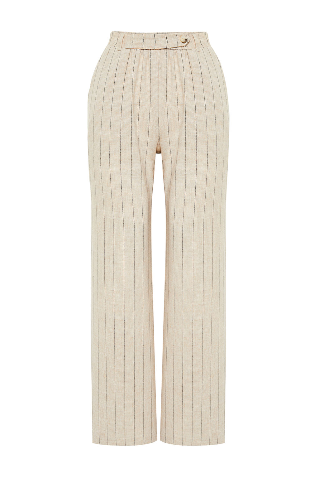 Bej Cizgili Beli Lastikli Cepli Straight/Duz Kesim Pamuk Keten Dokuma Pantolon TWOSS24PL00055