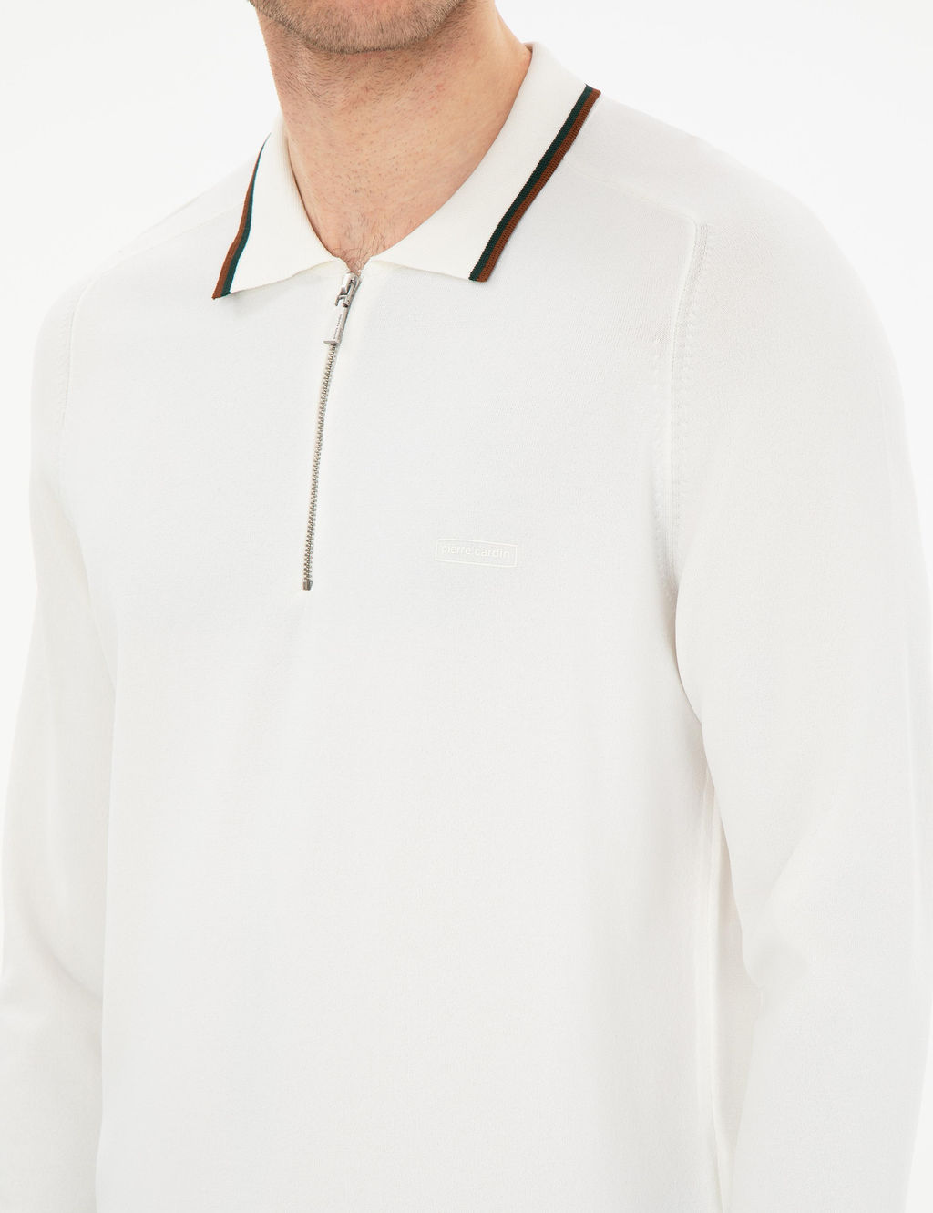 Ekru Slim Fit Fermuarl_ Polo Yaka Kazak