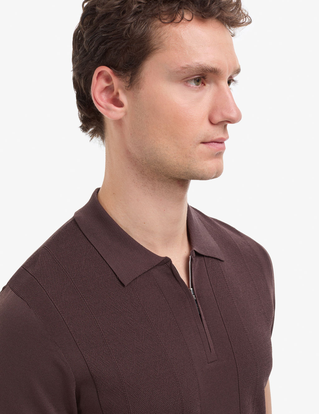 Koyu Kahverengi Slim Fit Polo Yaka Fermuarl_ Triko Ti__rt