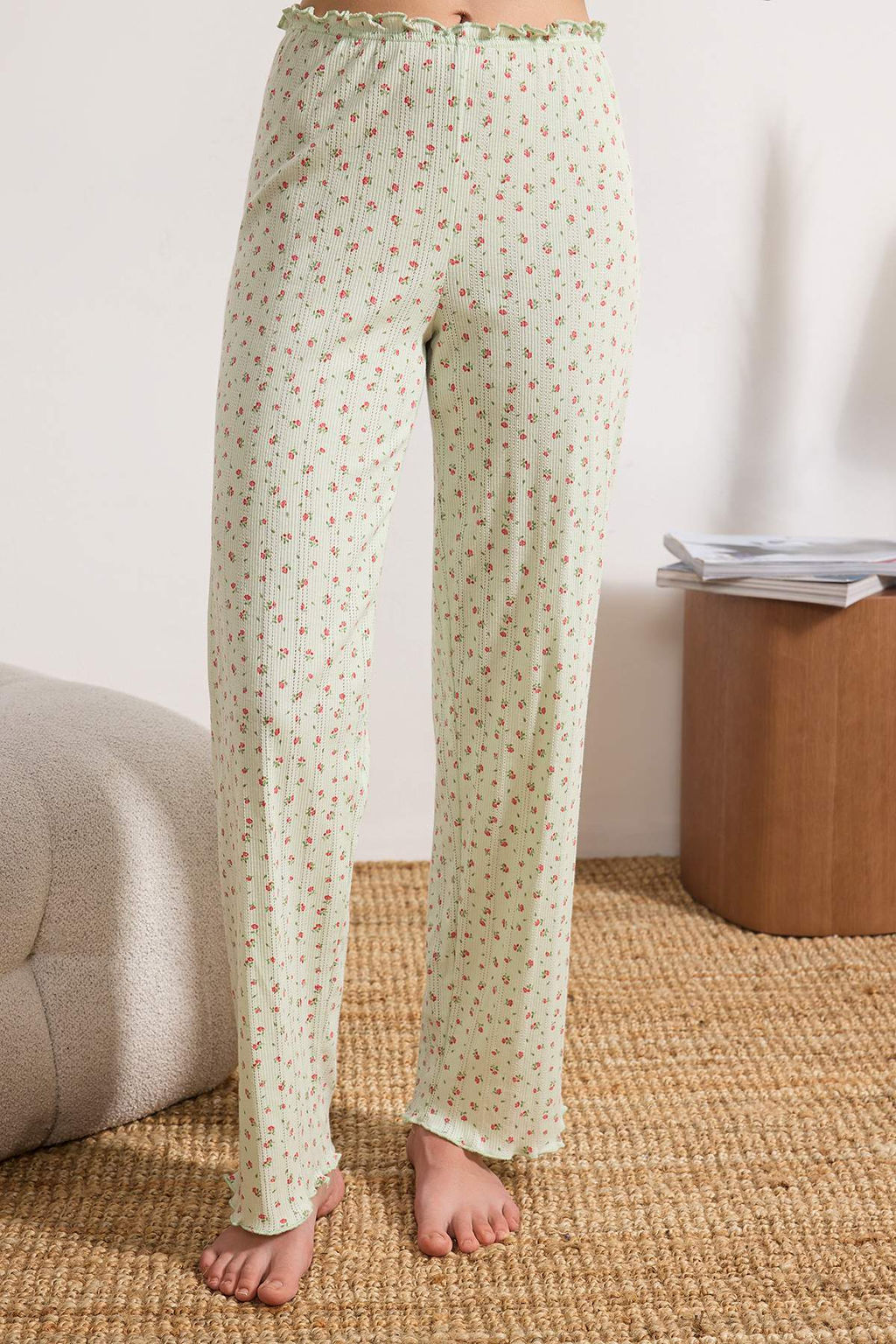 Kahverengi %100 Pamuklu Cicek Desenli Fitilli/Pointel Orme Pijama Tak?m? THMSS26PT00067 - Trendyolmilla фото 7