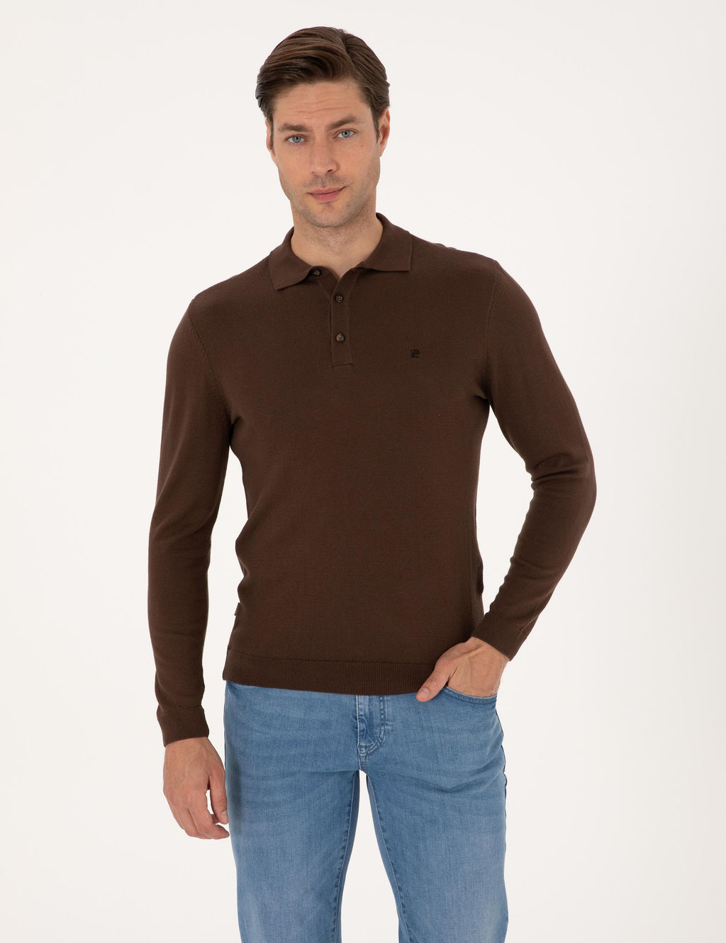 Kahverengi Slim Fit Polo Yaka Basic Triko Kazak