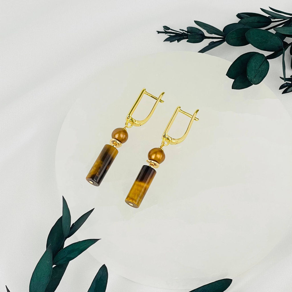 Серьги из Тигрового глаза и Жемчуга тон.