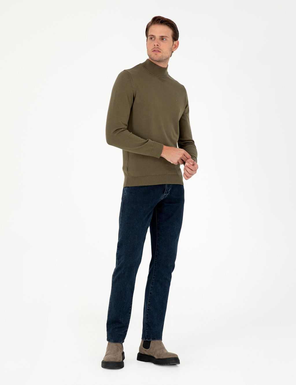 Koyu Haki Slim Fit Yar_m Bal_k__ Yaka Basic Triko Kazak - Pierre cardin фото 4