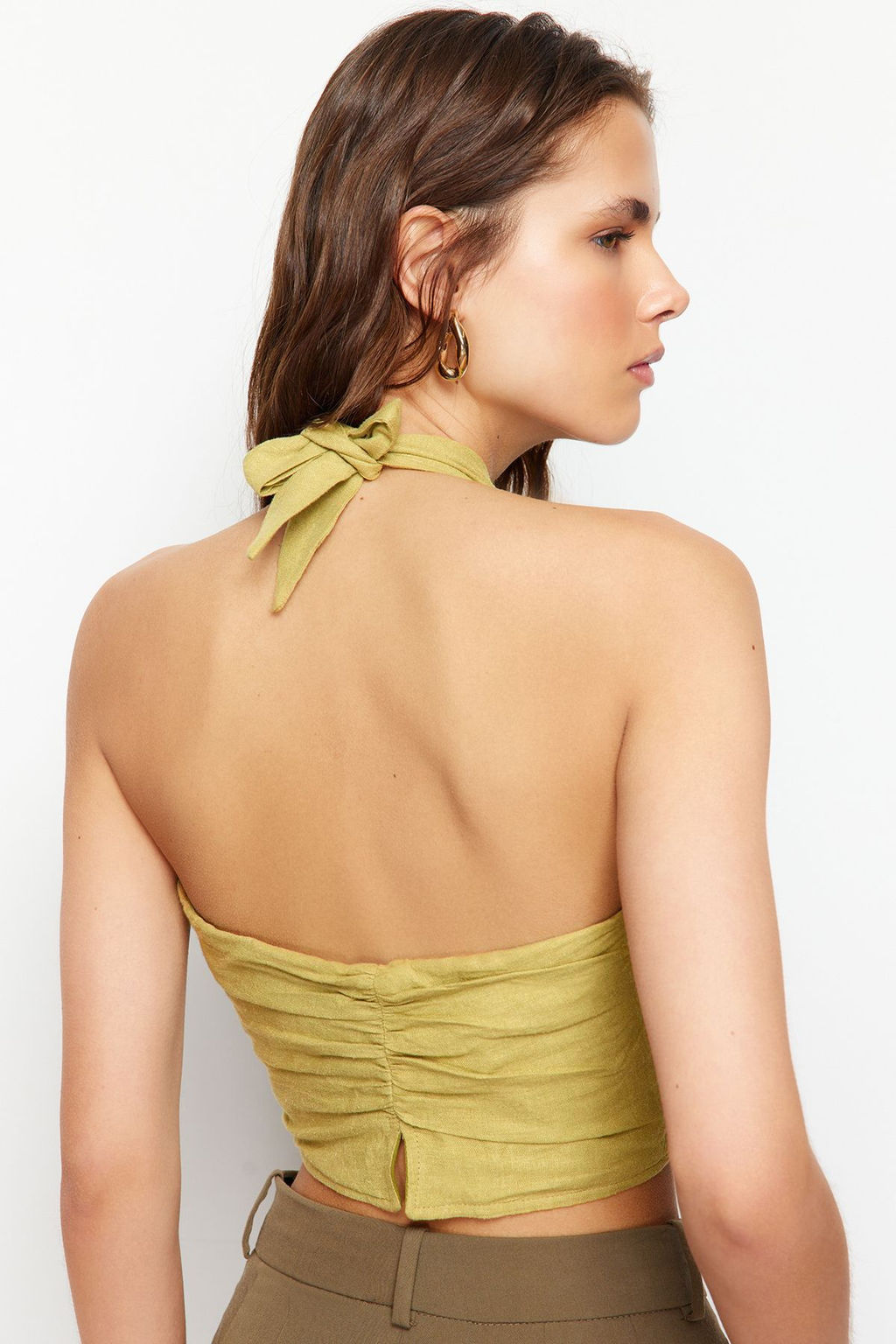 Indigo Boyundan Baglamal? Arkas? Buzgulu Pamuk Keten Crop Dokuma Bluz TWOSS24BZ00238 - Trendyolmilla фото 11