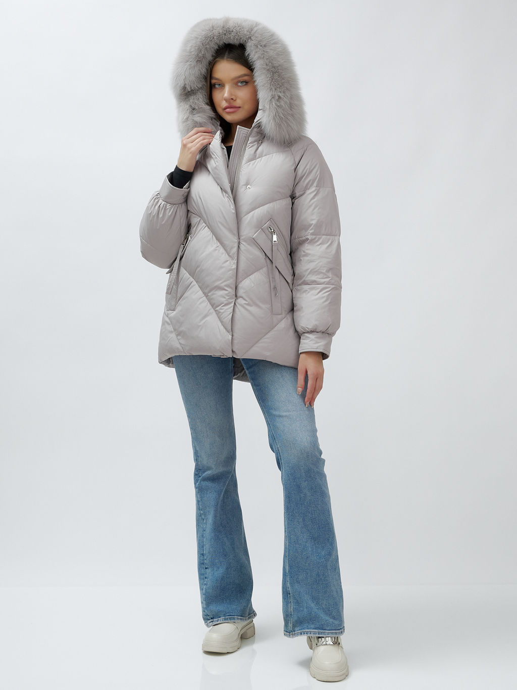 Полупальто женское зимние с мехом песец люкс класса серого цвета 6227Sr - Mtforce фото 6