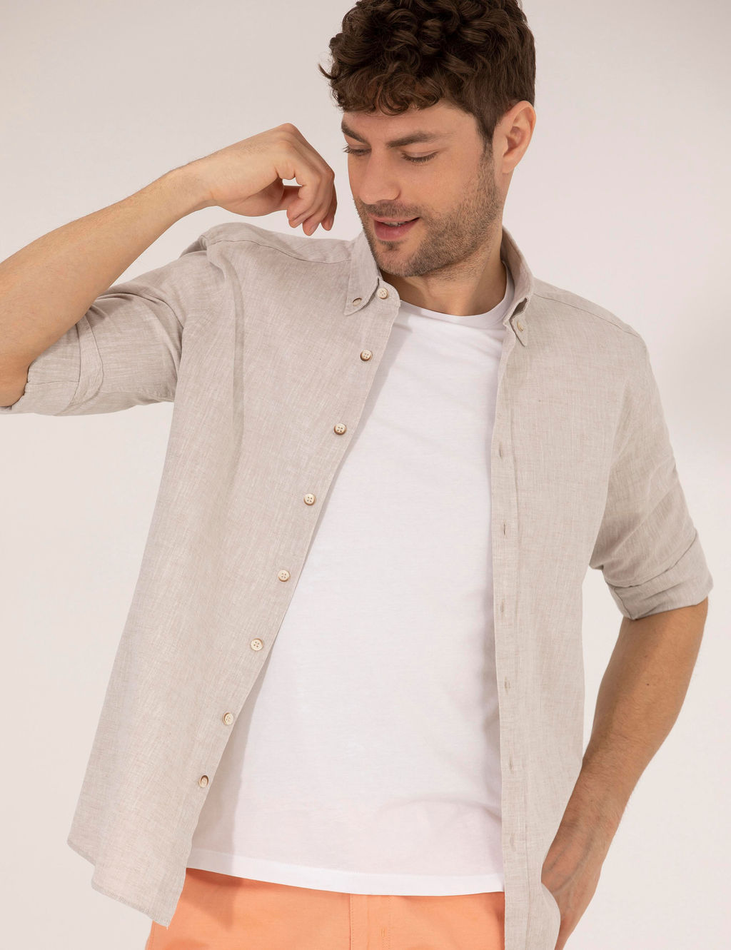 Рубашка Pierre Cardin Regular Fit светло-коричневая с длинным рукавом
