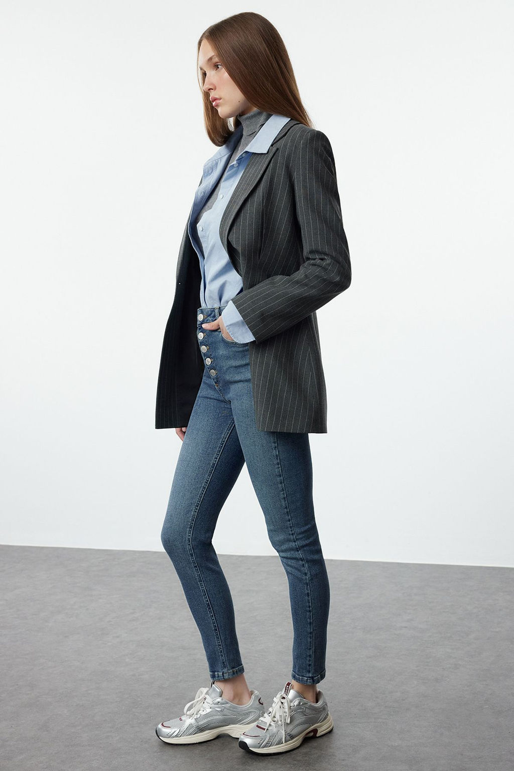 Koyu Mavi Onden Dugmeli Yuksek Bel Skinny Jeans TWOSS23JE00077 - Trendyolmilla фото 2