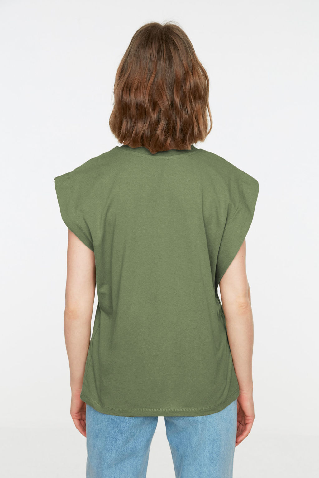 Haki %100 Pamuk Vatka Gorunumlu Basic Bisiklet Yaka Orme T-Shirt TWOSS20TS0021