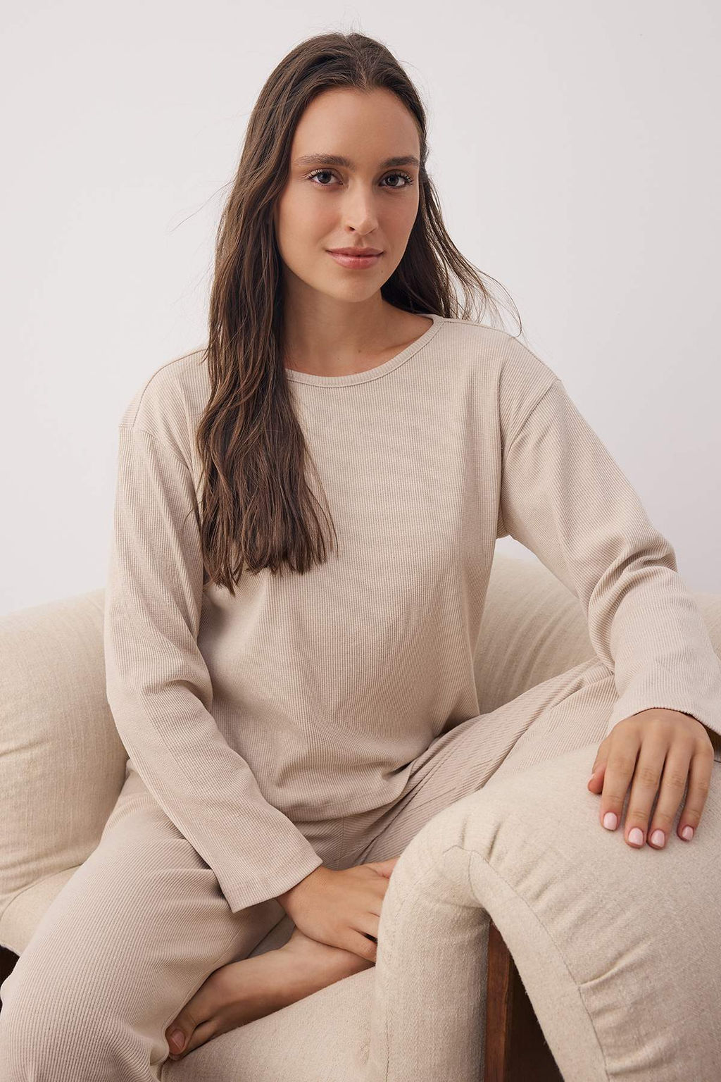 Trendyolmilla Kahverengi Fitilli Orme Pijama Tak?m? THMAW21PT0684