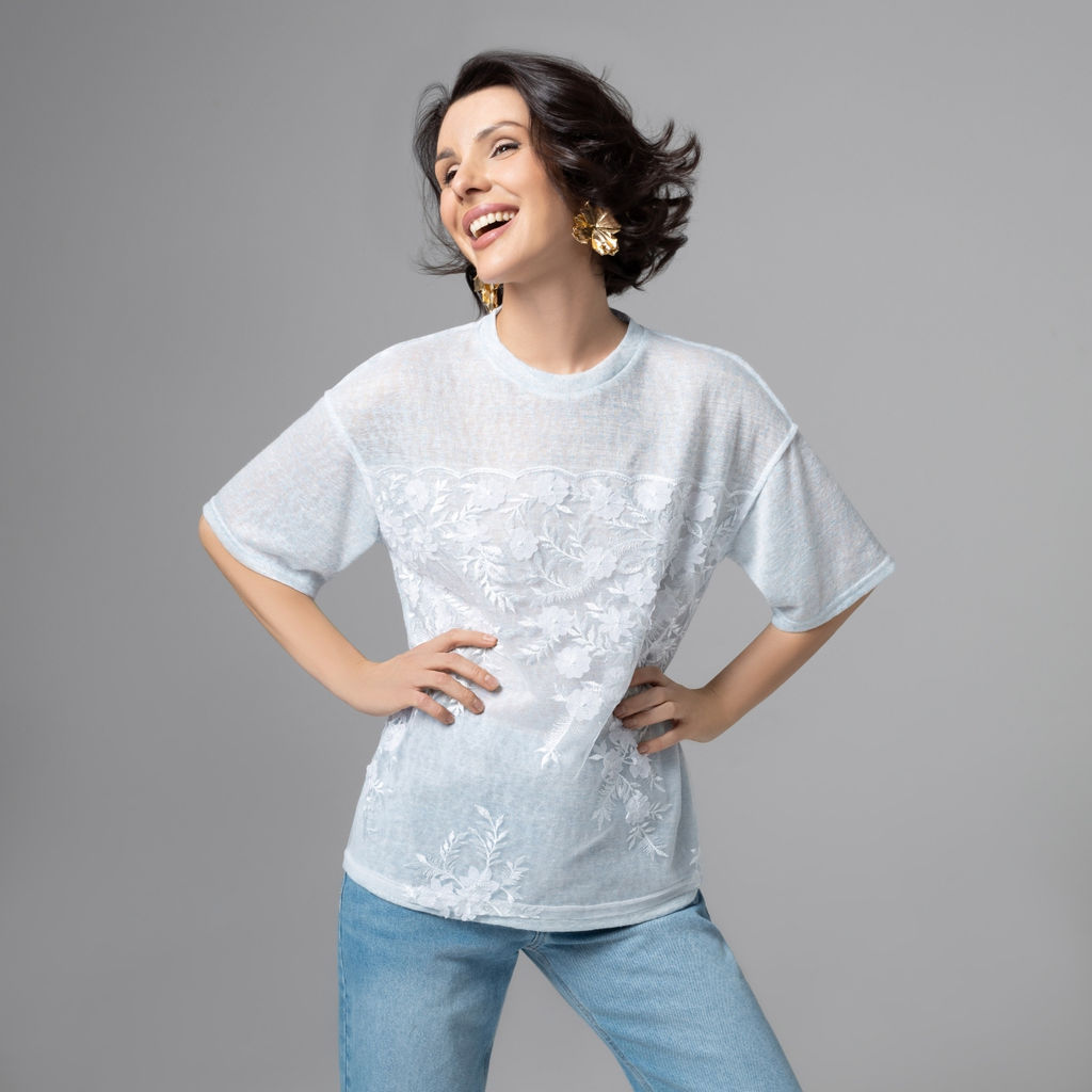 Футболка с объемным декором, Буду тебе сниться (голубой меланж) - Charutti фото 24