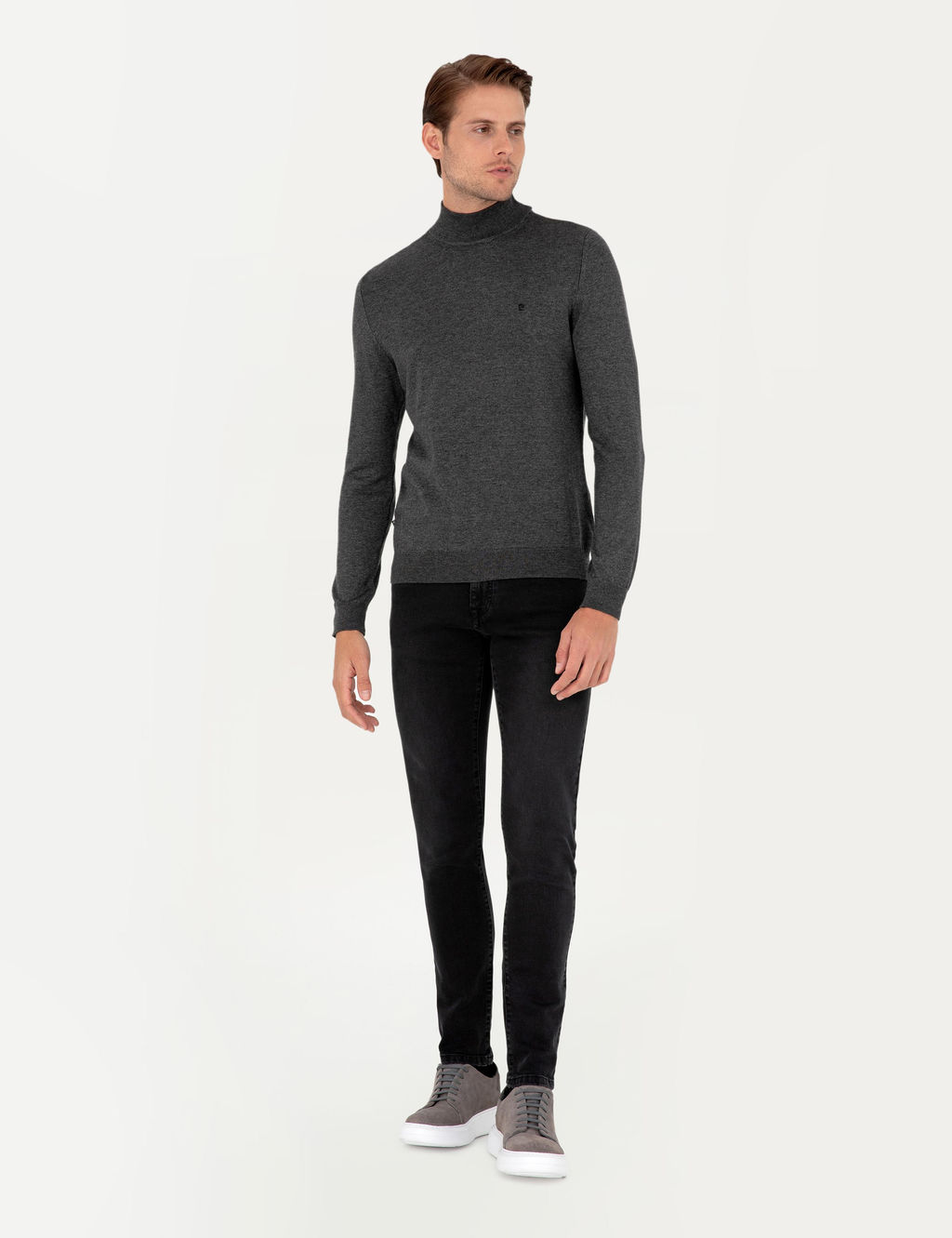 Antrasit Melanj Slim Fit Yar_m Bal_k__ Yaka Basic Triko Kazak - Pierre cardin фото 4