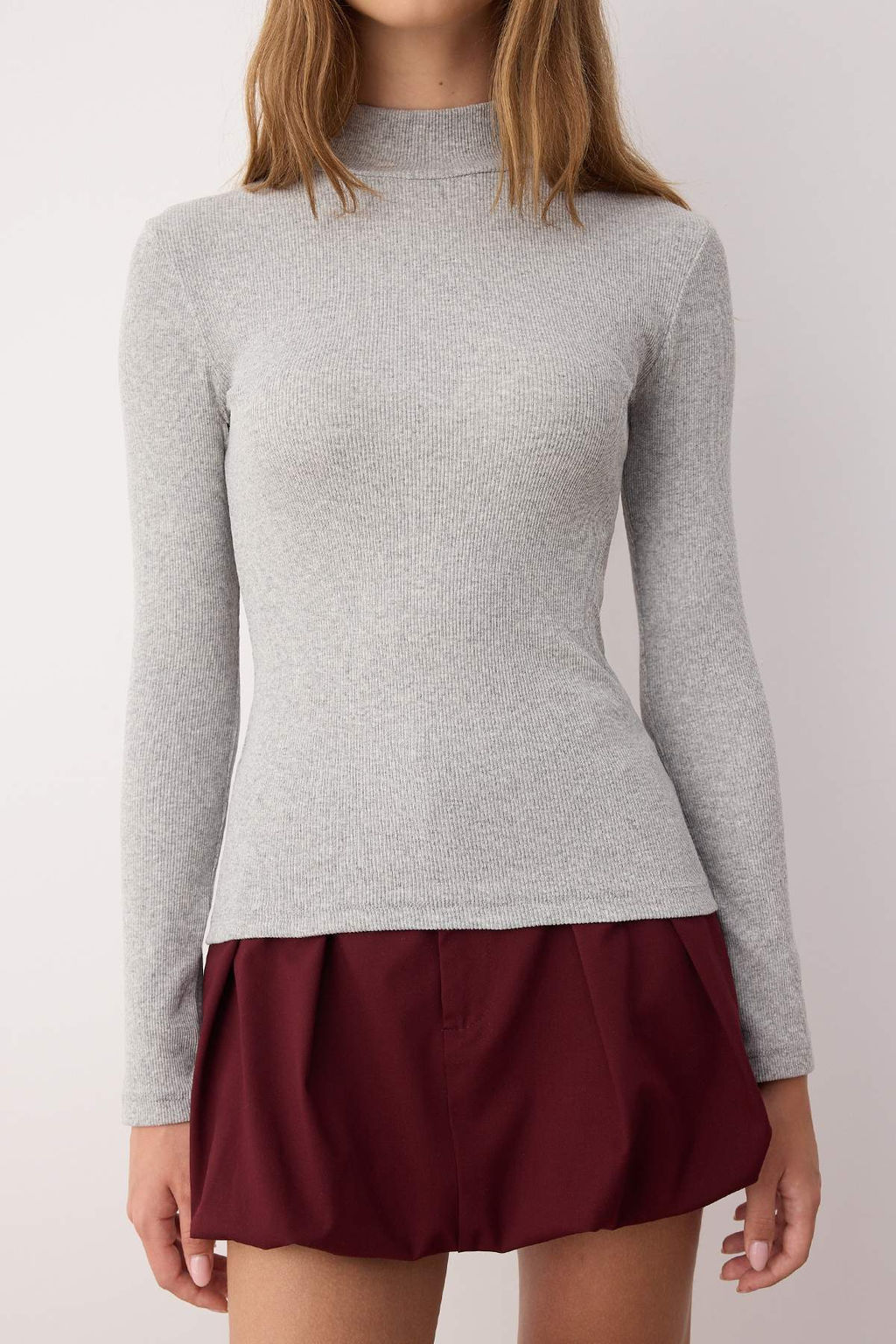 Gri Fitted/Vucuda Oturan Dik Yaka Uzun Kol Fitilli Esnek Orme Bluz TWOAW21BZ0423