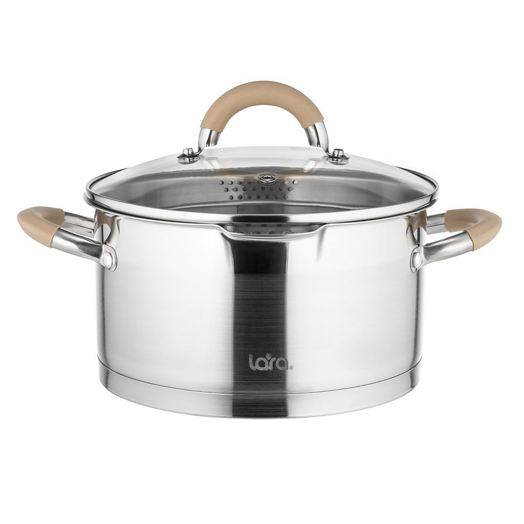LR02-341 Кастрюля (нерж) Берлин 18x10см, 2,4л, капс.дно, шкала, силик.накл, крыш.дуршлаг /LARA/  фото 3