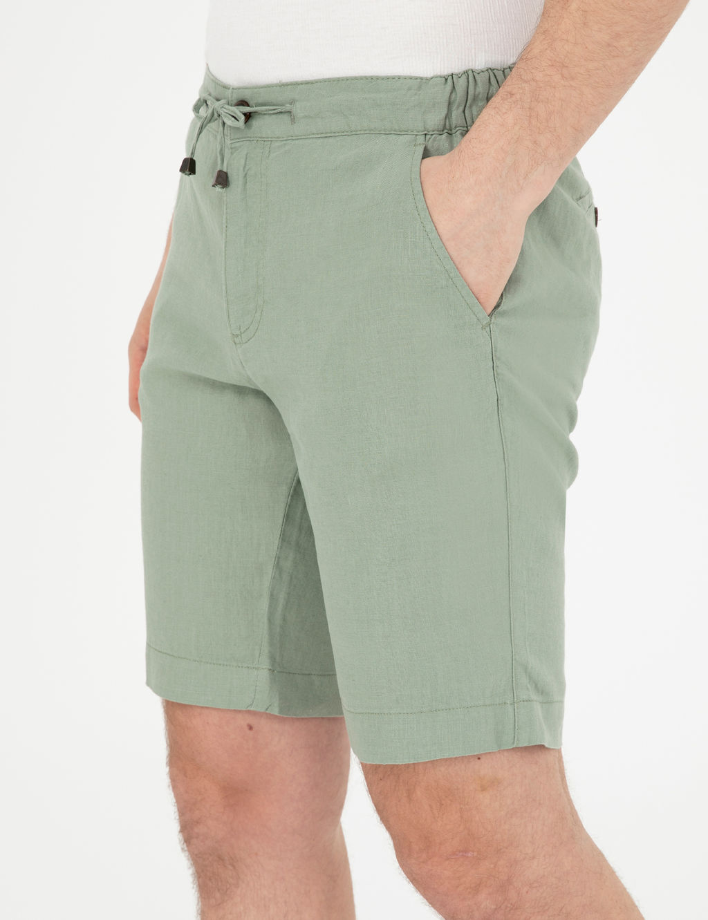 Ye_il Slim Fit %100 Keten Beli Lastikli Ba_c_kl_ Dokuma _ort