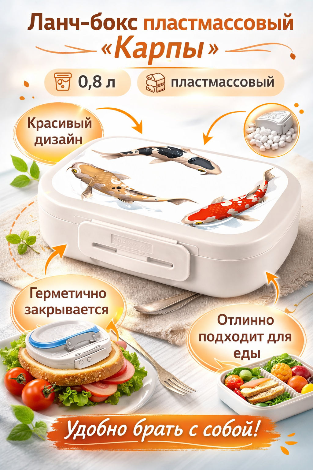 Ланч-бокс пластмассовый Карпы 0,8л, 17,9х12,8х5,2см (Россия) - Домашняя Мода фото 3