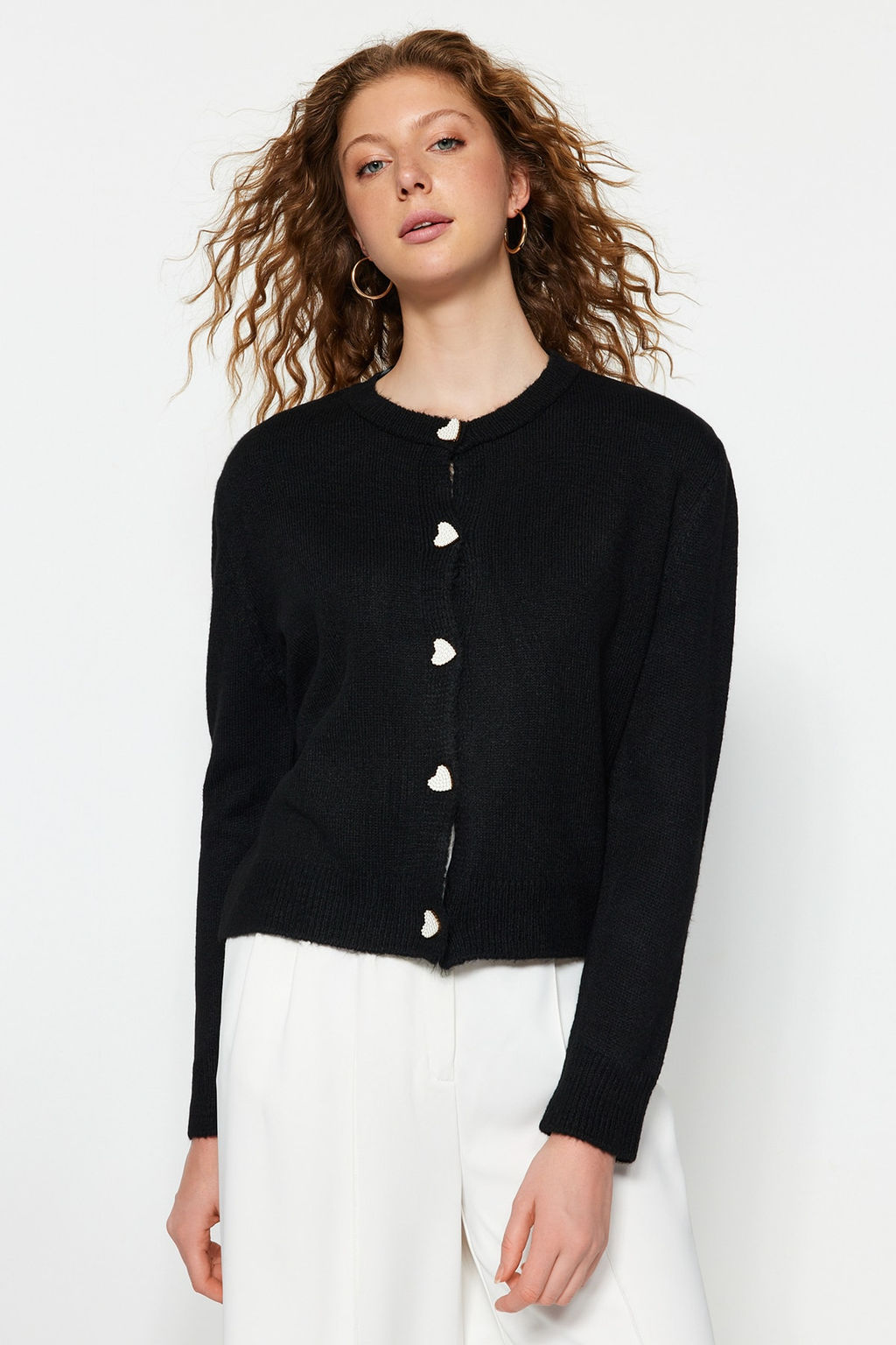 Siyah Yumusak Dokulu Mucevher Dugmeli Ceket Gorunumlu Triko H?rka TWOAW22HI0044