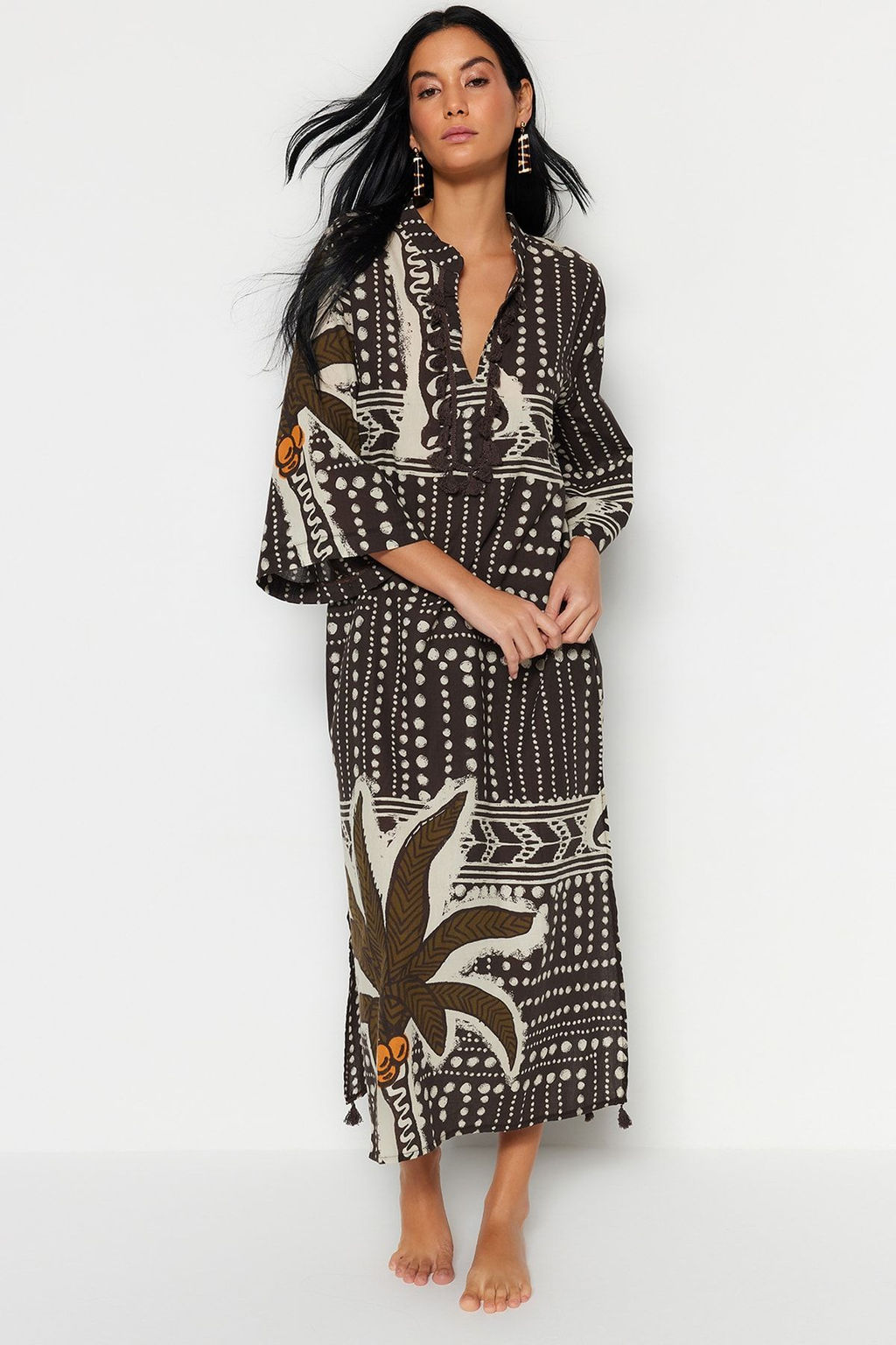 Siyah Cizgili Maxi Dokuma %100 Pamuk Puskullu Plaj Kimono&Kaftan TBESS20KM0024 - Trendyolmilla фото 6