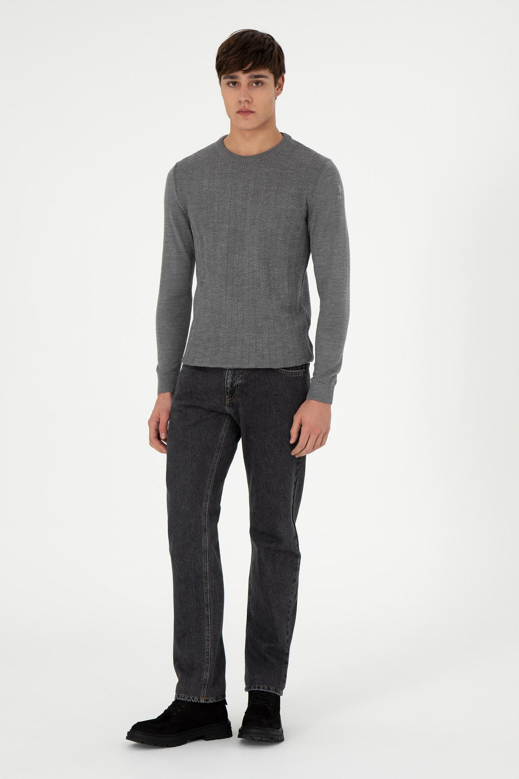 Erkek Slim Fit Bisiklet Yaka Gri Melanj Kazak - U.s. polo assn фото 4