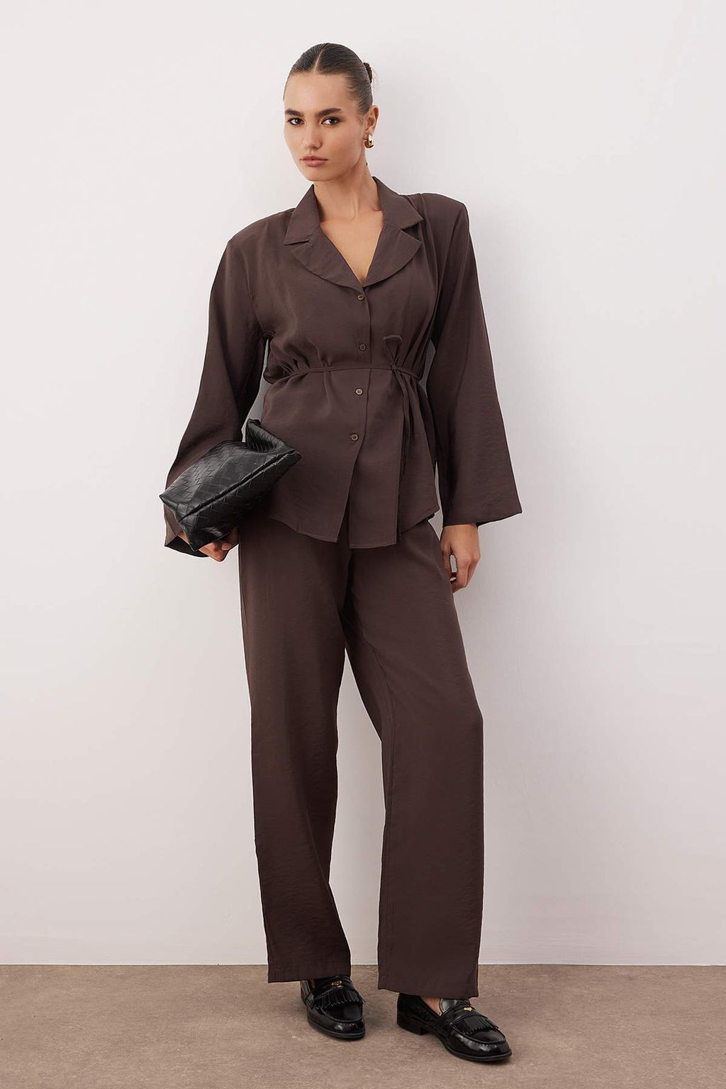 Kahverengi Ince Astars?z Dokuma Gomlek Ceket TWOAW26BC00058