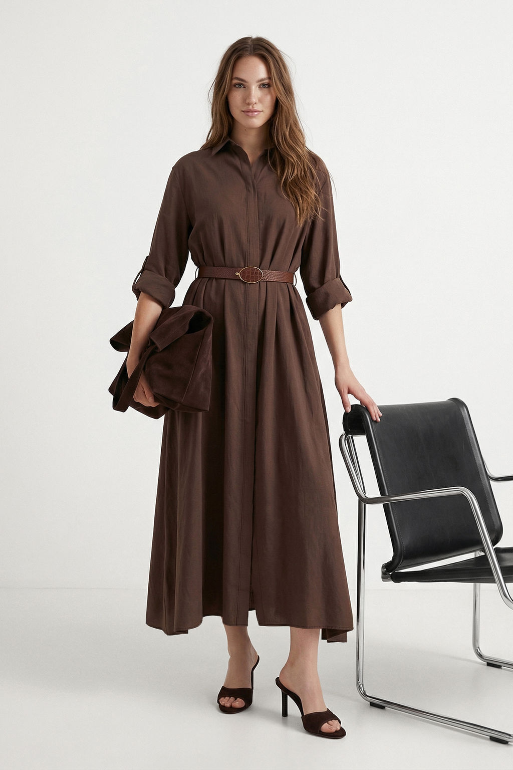 Kahverengi Deri Kemerli Midi Dokuma Elbise TWOSS26EL00748 - Trendyolmilla фото 2