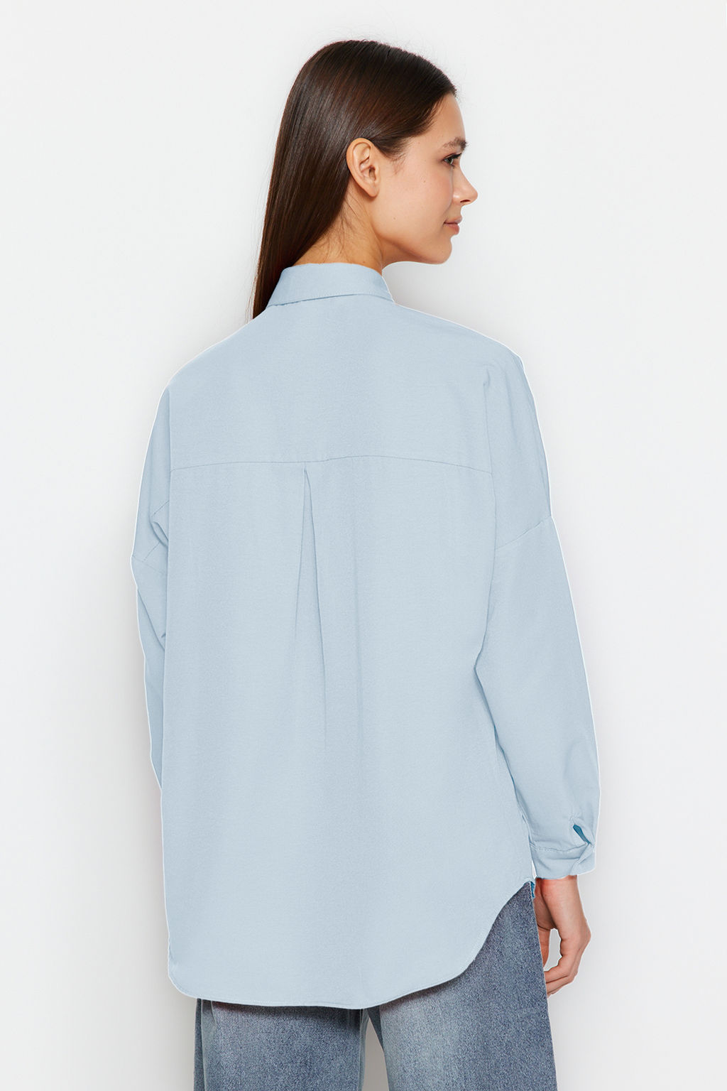 Ac?k Mavi Pamuklu Oversize Genis Kal?p Dokuma Gomlek TWOSS22GO0669