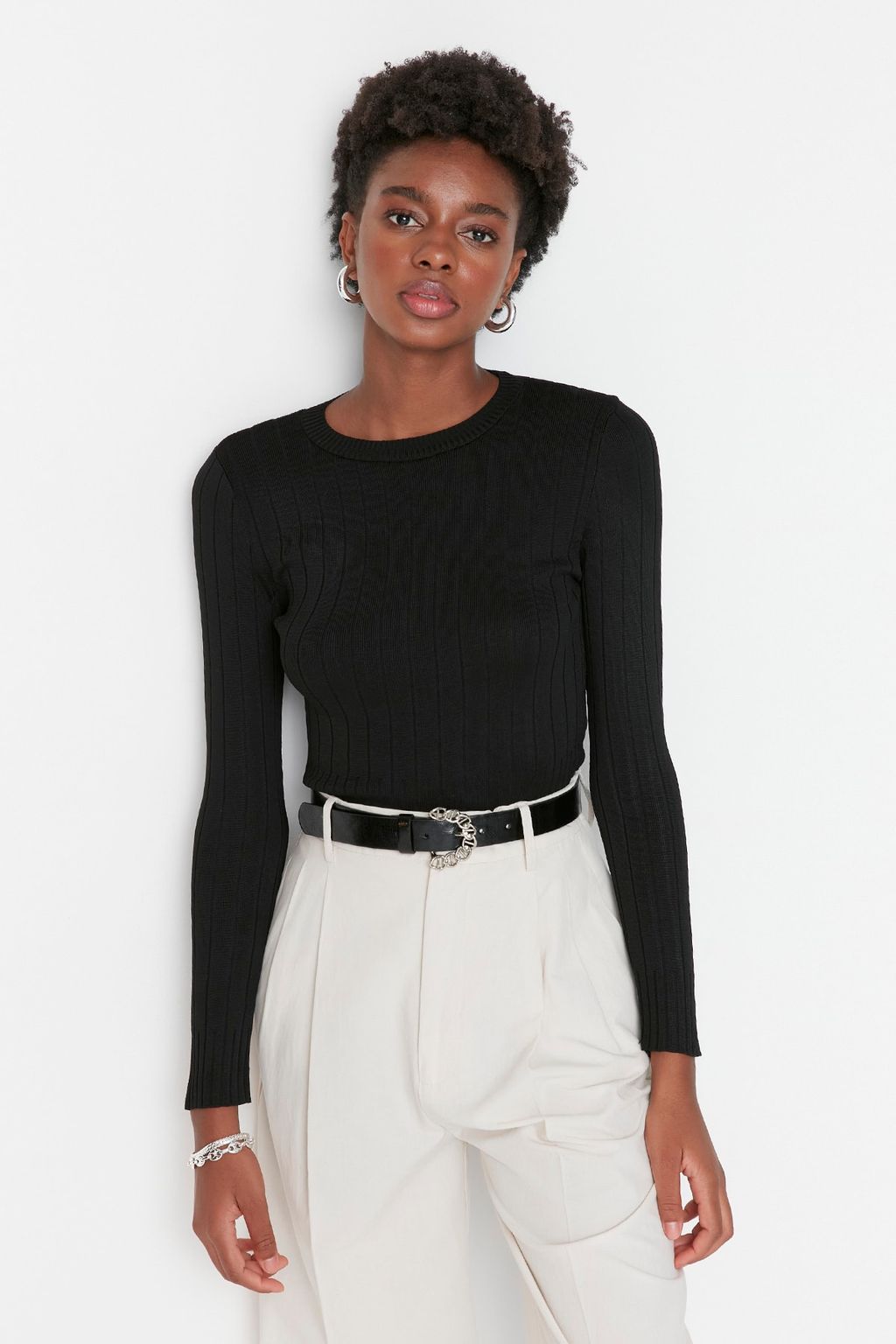 Siyah Basic Bisiklet Yaka Triko Kazak TWOAW23KZ01249