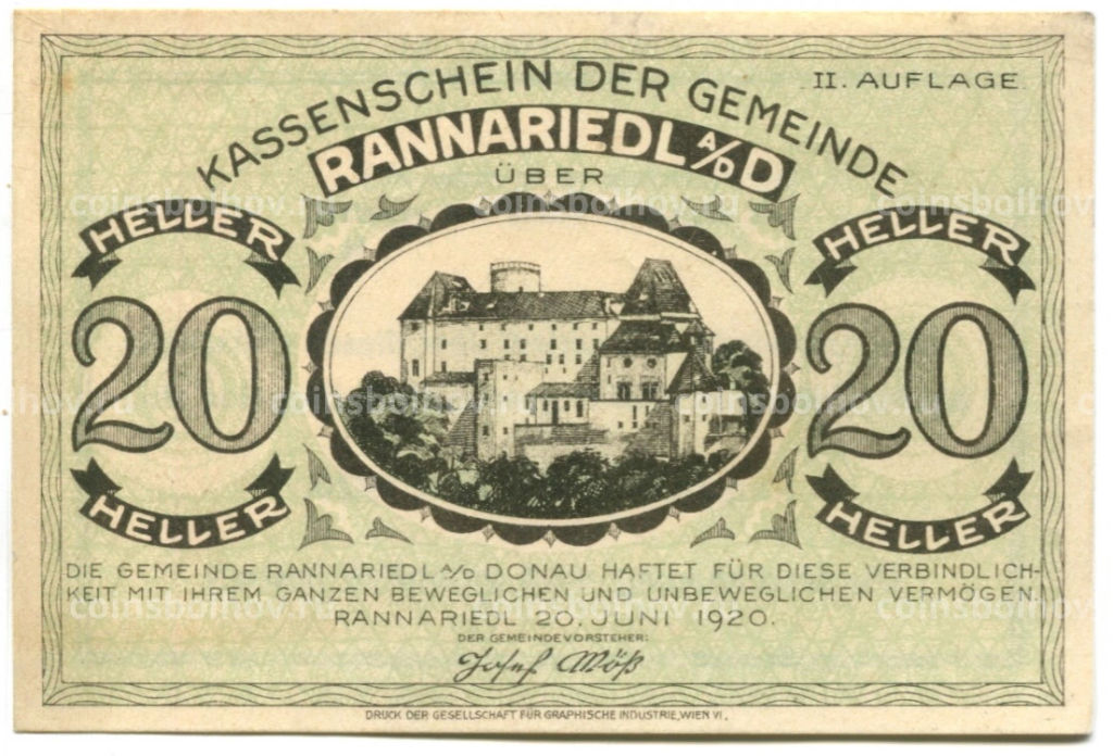 20 геллеров 1920 года Австрия Раннариедль (нотгельд)