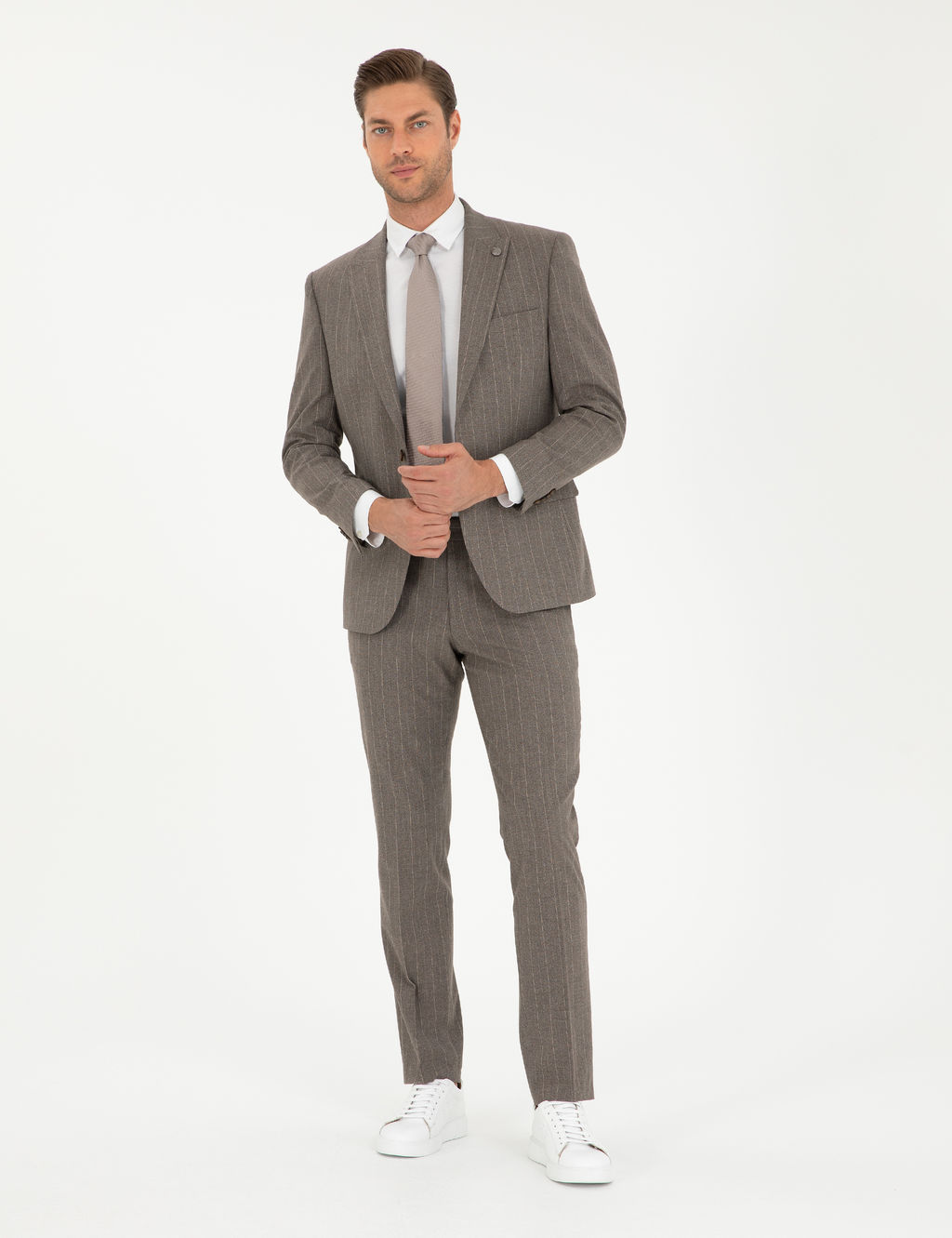A__k Kahverengi Slim Fit _izgili Tak_m Elbise