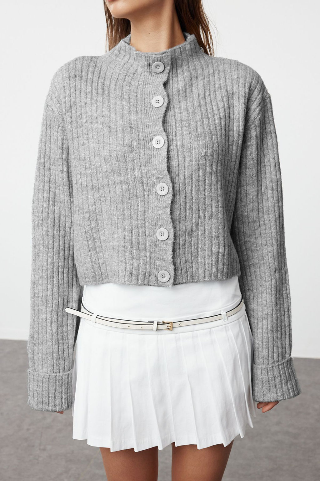 Koyu Gri Crop Yumusak Dokulu Dik Yaka Triko H?rka TWOAW22HI0174