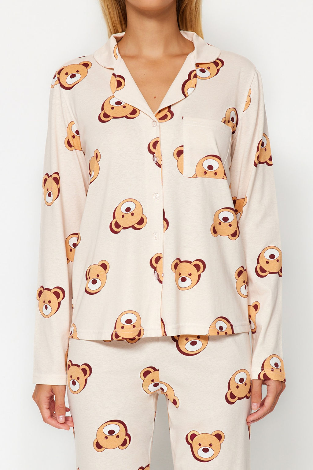 Trendyolmilla Ekru %100 Pamuklu Ay?c?kl? Gomlek-Pantolon Orme Pijama Tak?m? THMAW24PT00002 фото 12