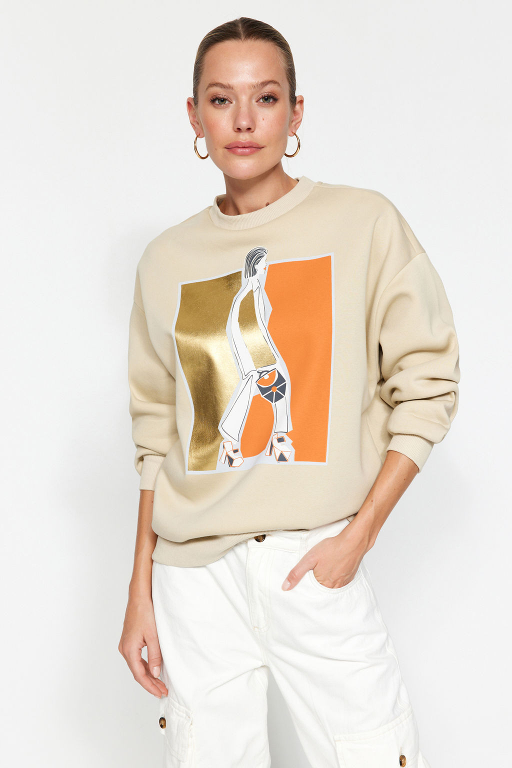 Tas Varak Bask?l? Kal?n Ici Polarl? Bisiklet Yaka Oversize Orme Sweatshirt TWOAW24SW00132 - Trendyolmilla фото 3