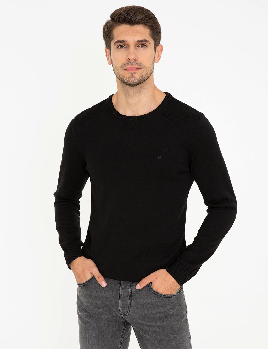 Siyah Slim Fit Bisiklet Yaka Basic Triko Kazak