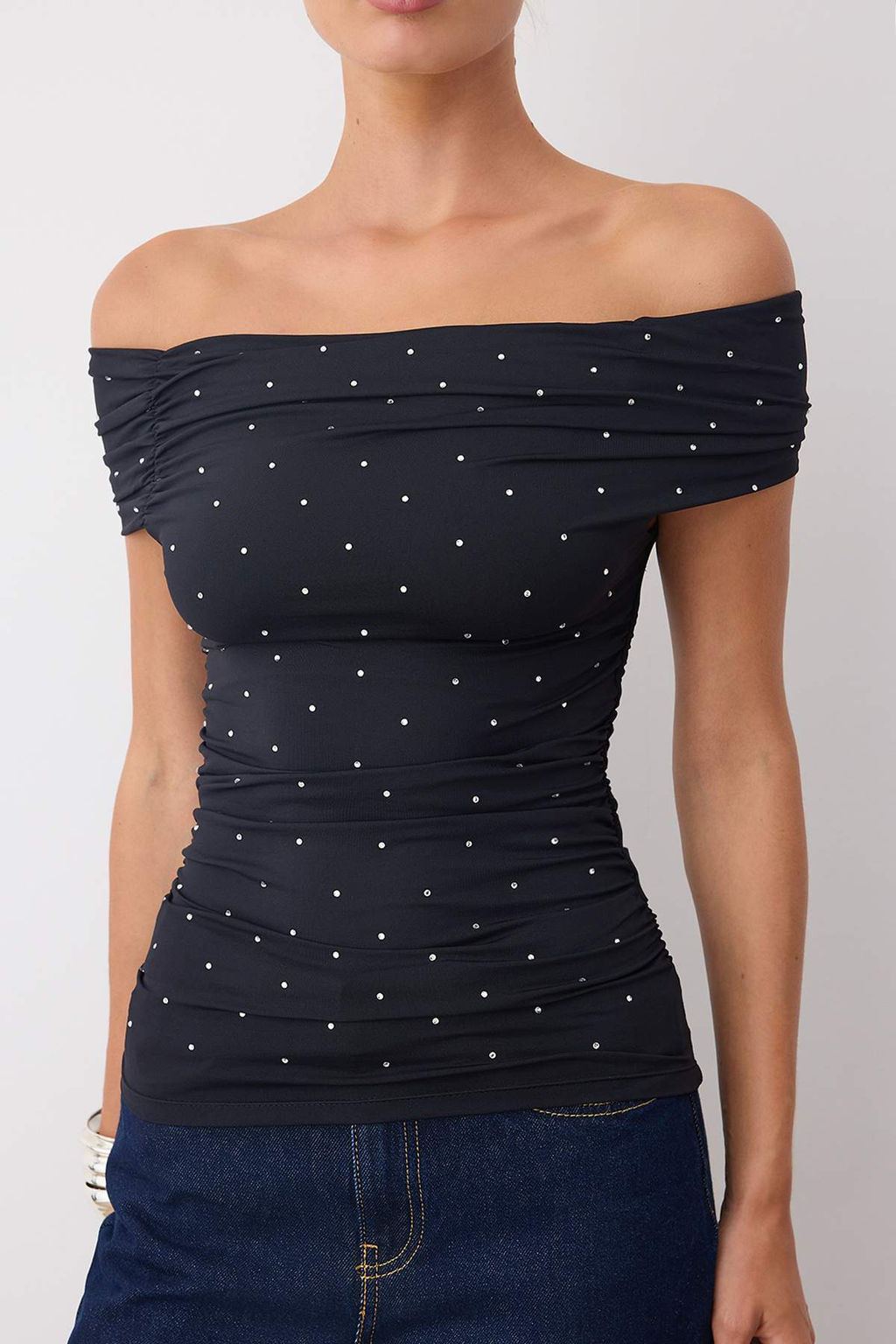 Siyah Tas Bask?l? Carmen Yaka Orme Sandy Party Bluz TPRSS25BZ00055 - Trendyolmilla фото 3