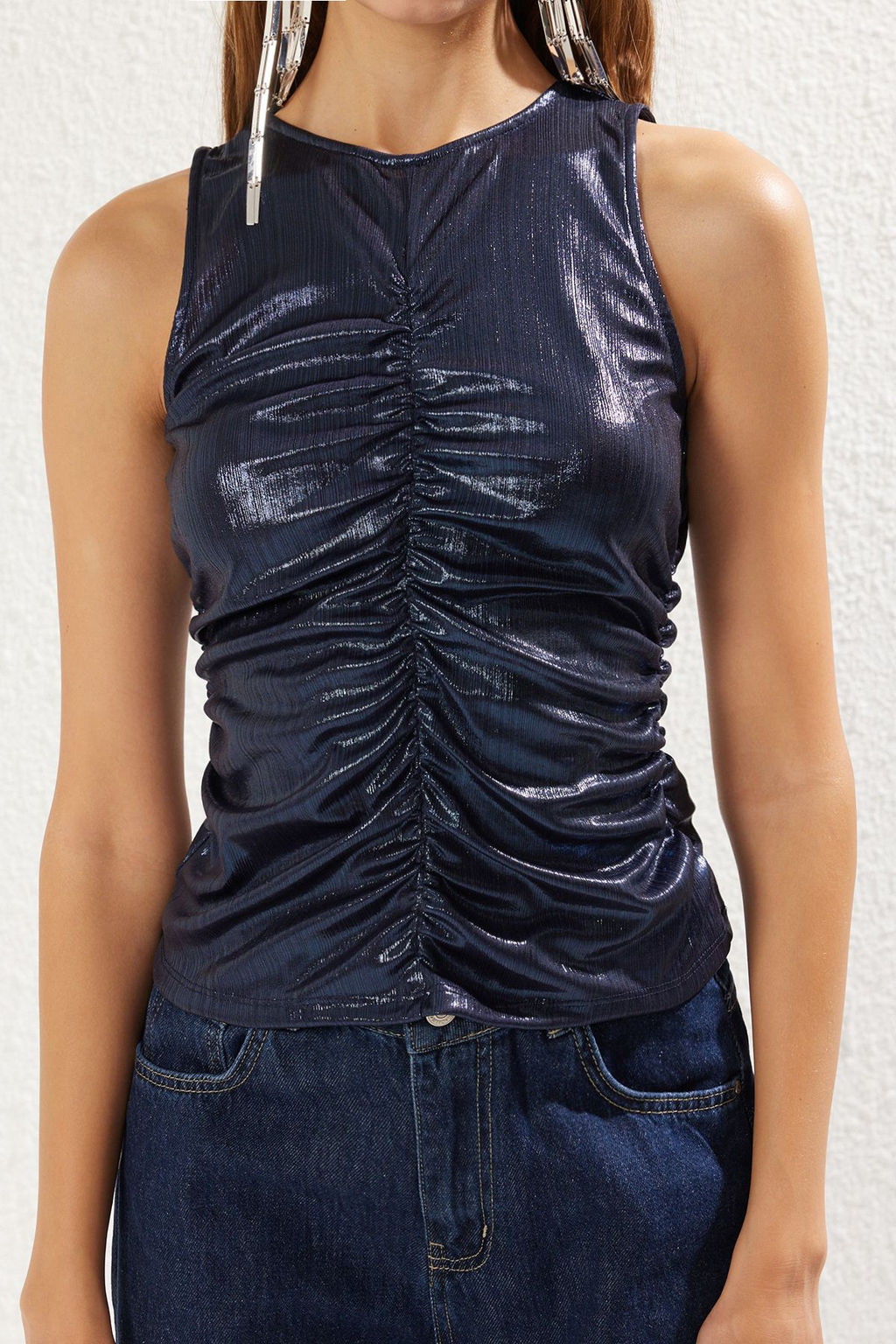 Lacivert Metalik Gorunumlu Par?lt?l? Orme Bluz TPRSS25BZ00004 - Trendyolmilla фото 4