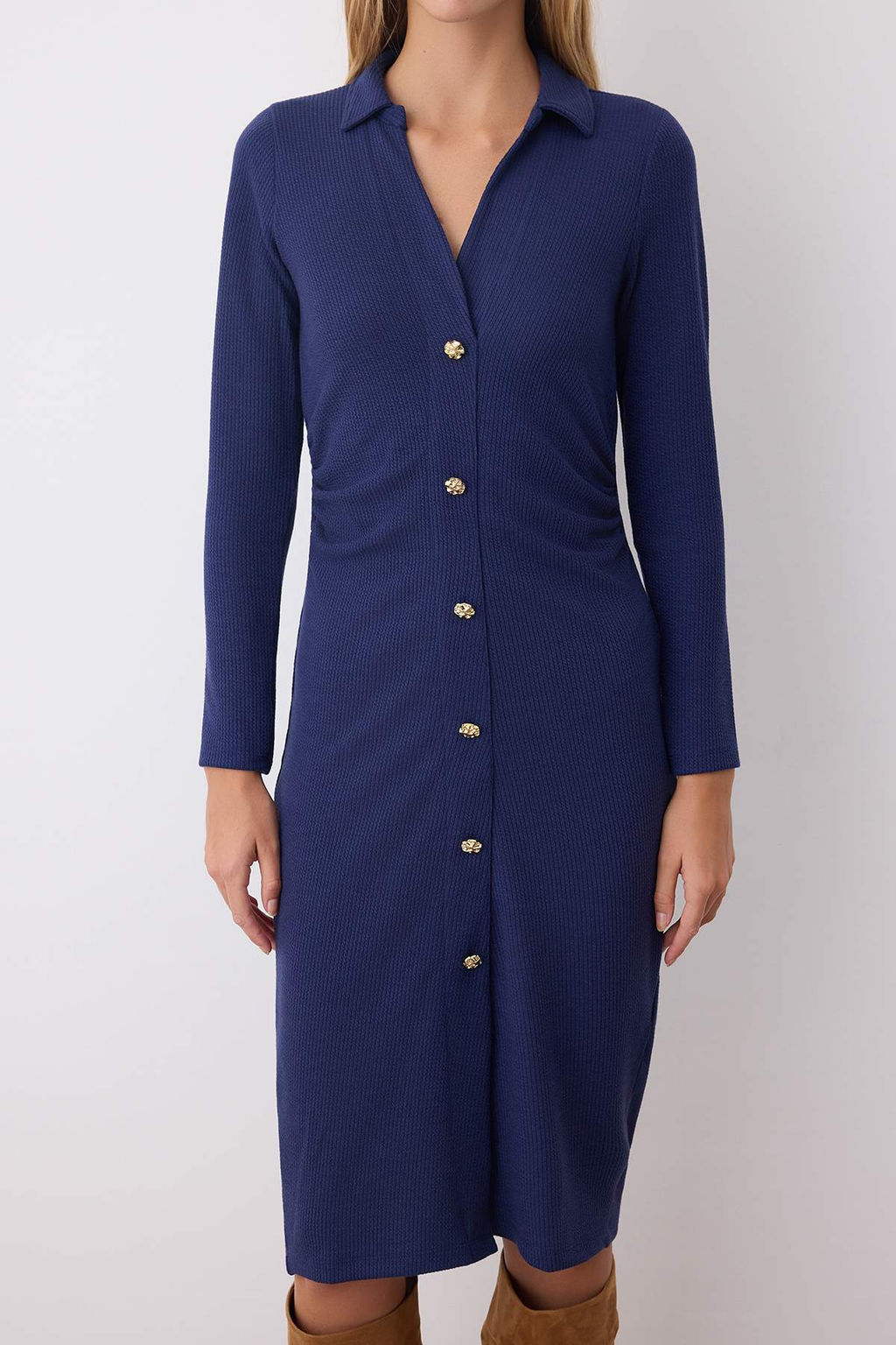 Lacivert Polo Yaka Bodycone/Vucuda Oturan Duz Dugme Detayl? Midi Orme Elbise TWOAW26EL00090