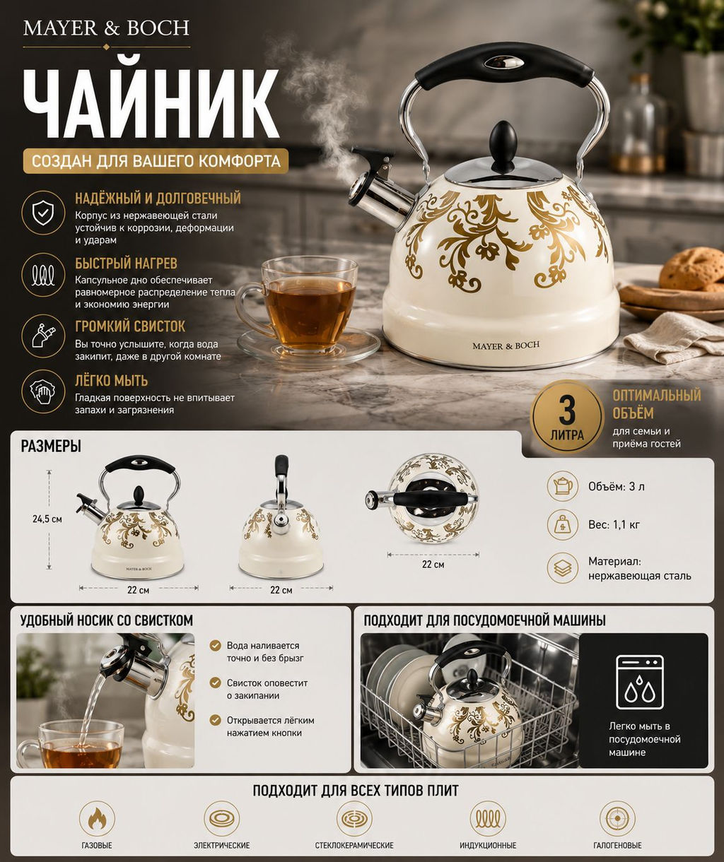40647 Чайник 3 л со свистком нерж MB (х12)