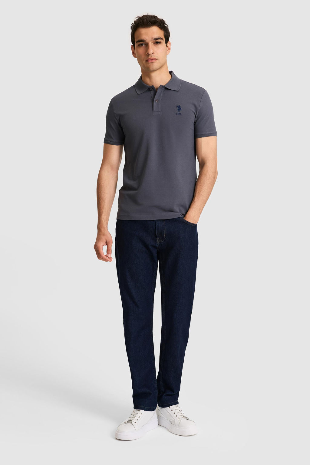 Erkek Slim Fit Polo Yaka Antrasit Basic Ti__rt