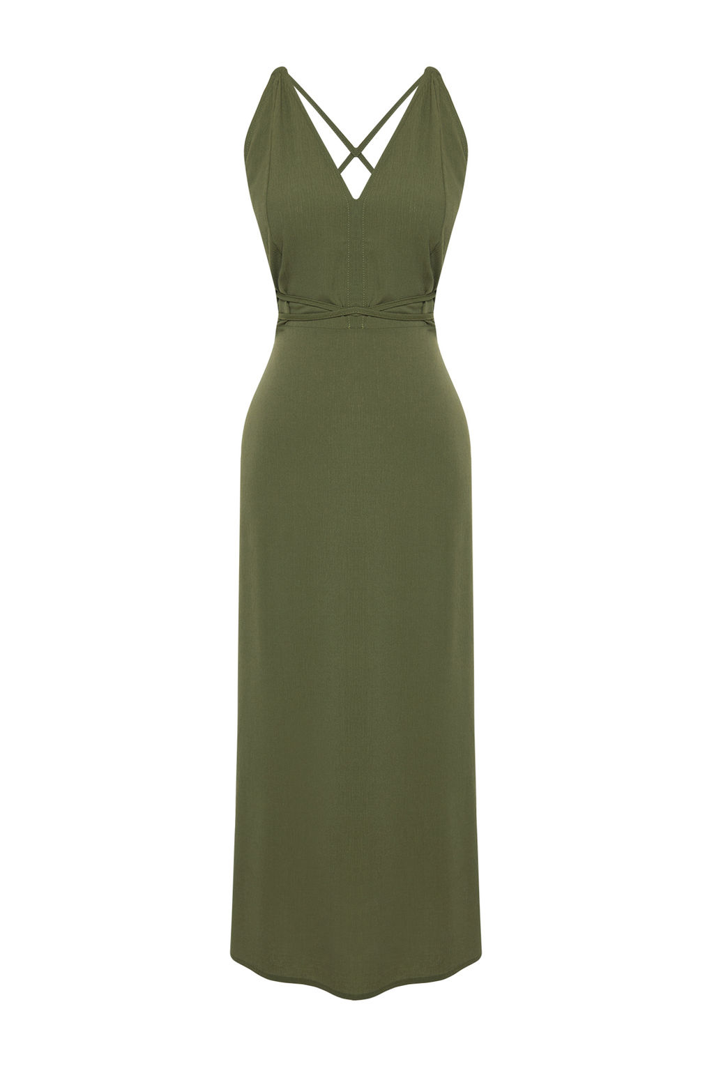 TRENDYOLMILLA Kahverengi Midi Dokuma S?rt Dekolteli Plaj Elbisesi TBESS22EL0727  фото 14