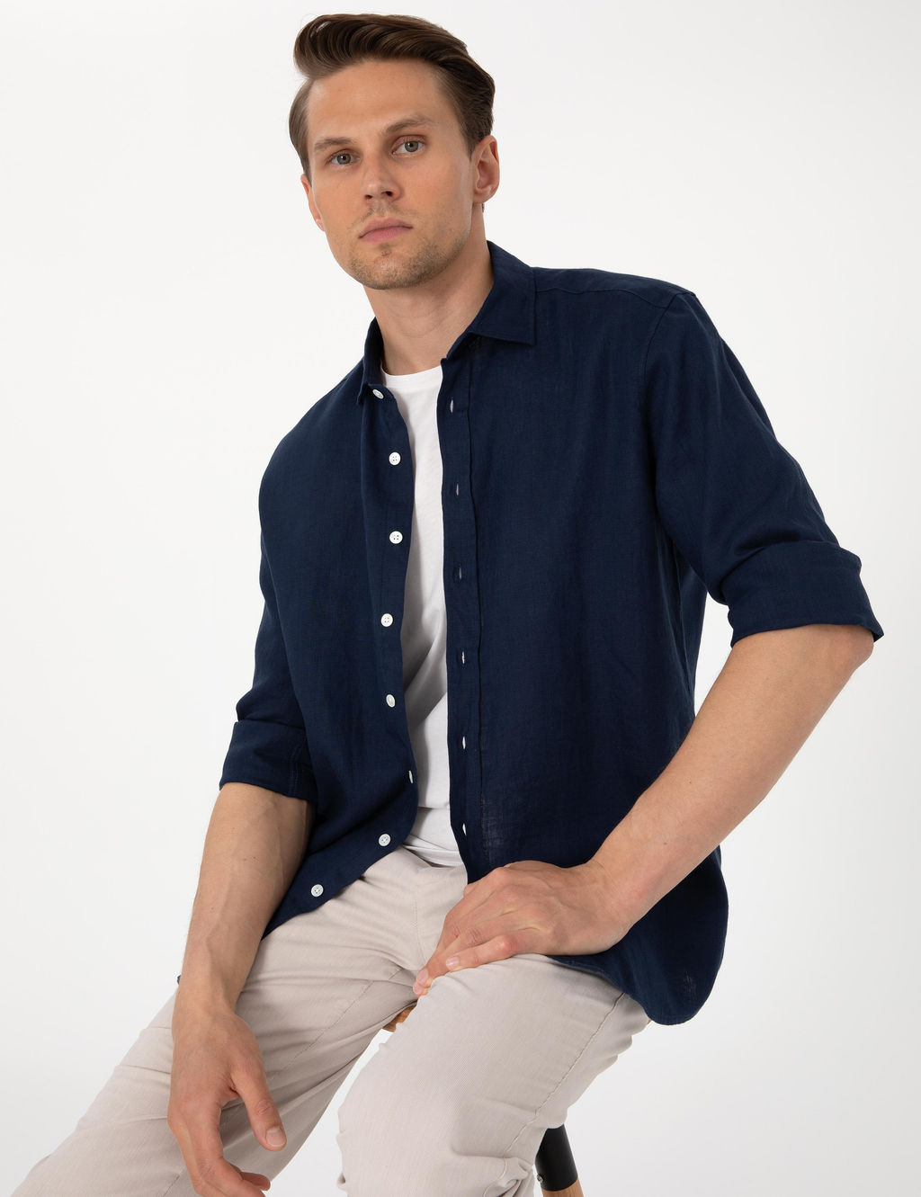 Lacivert %100 Keten Regular Fit Uzunkollu G_mlek - Pierre cardin фото 3