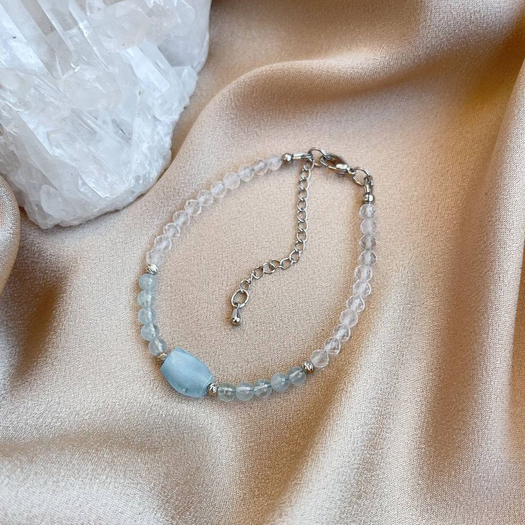 Браслет из Горного Хрусталя и Аквамарина 18,5 см +