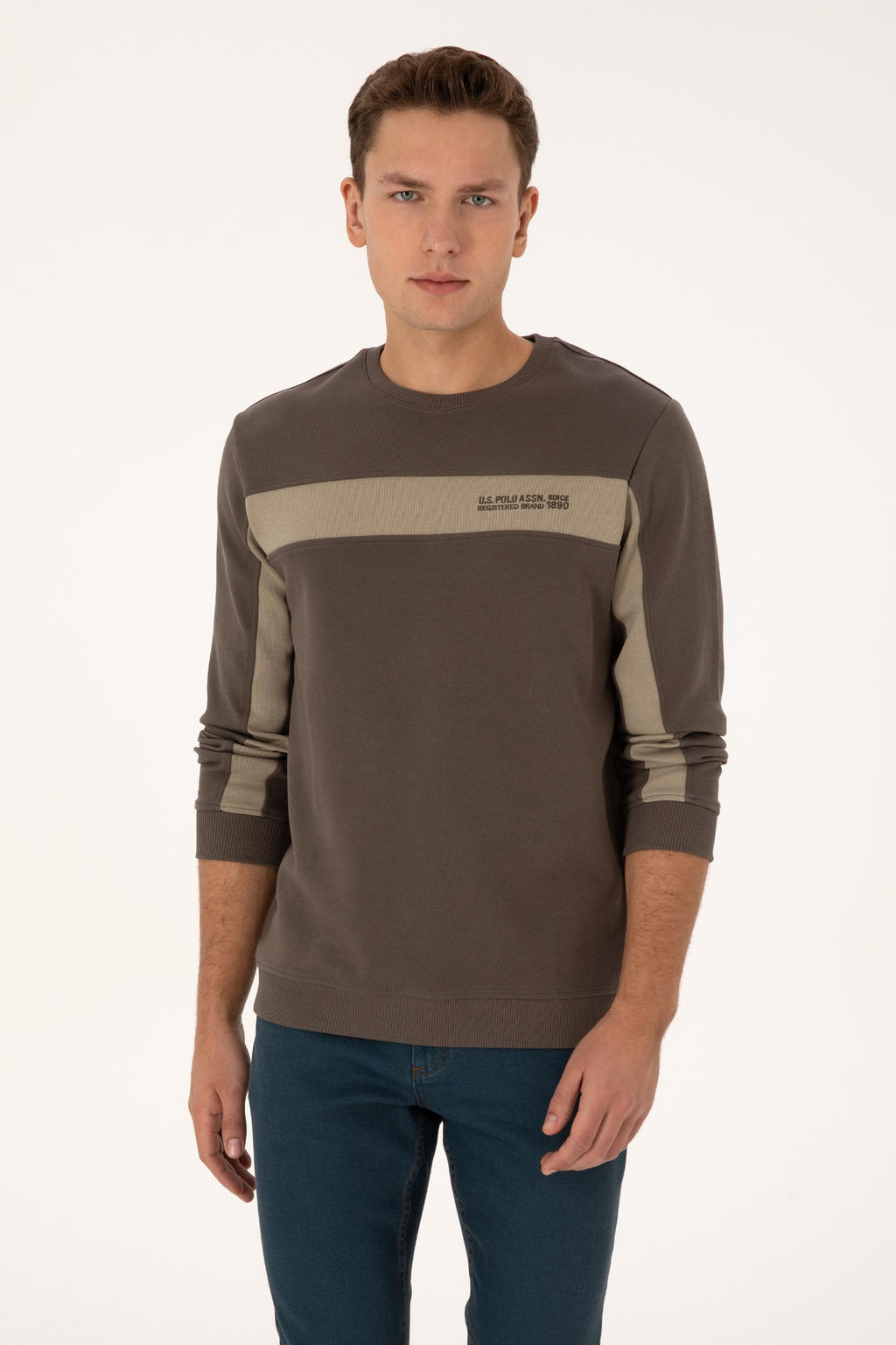 Erkek Regular Fit Bisiklet Yaka Vizon Sweatshirt